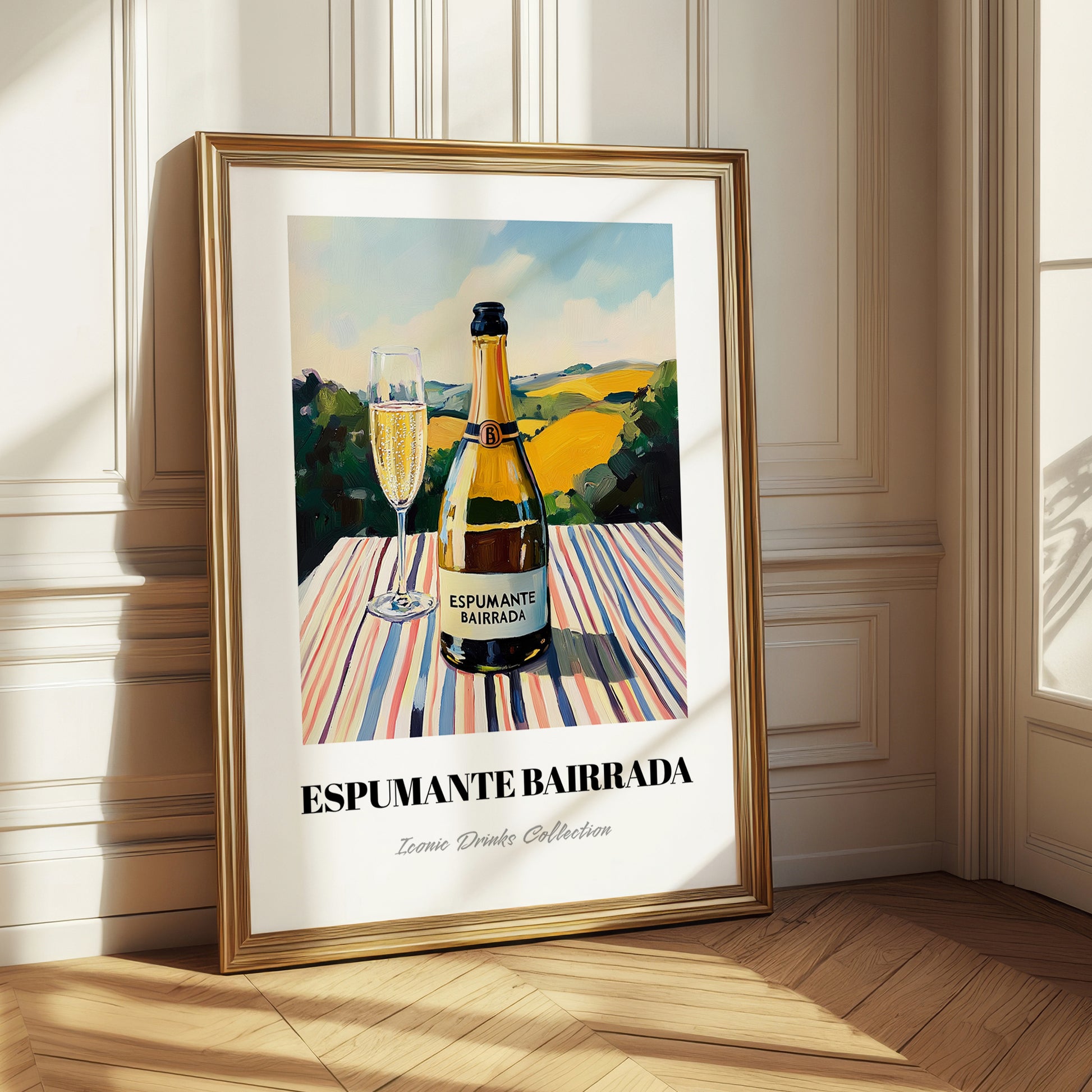 Espumante Bairrada – Portuguese Hilltop Table Scene, Portuguese Sparkling Wine Illustration