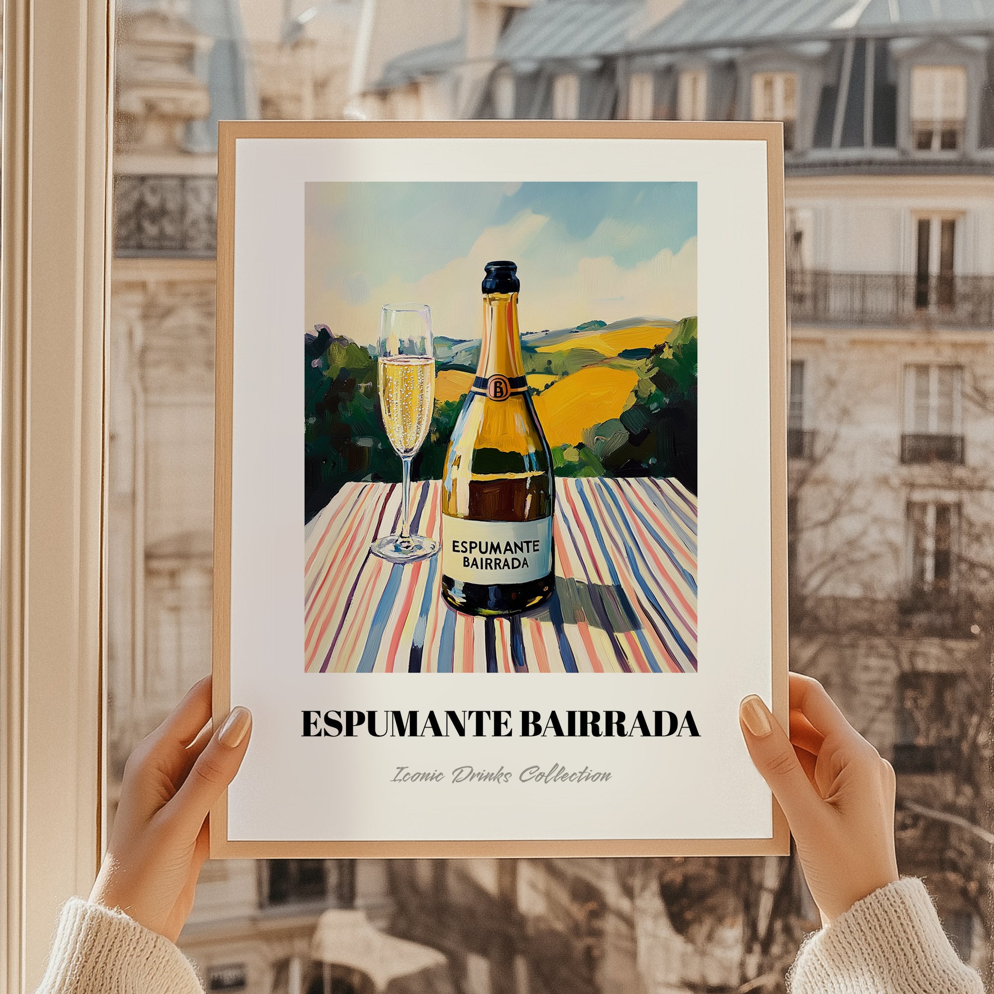 Espumante Bairrada – Portuguese Hilltop Table Scene, Portuguese Sparkling Wine Illustration, styled in a charming Paris street view