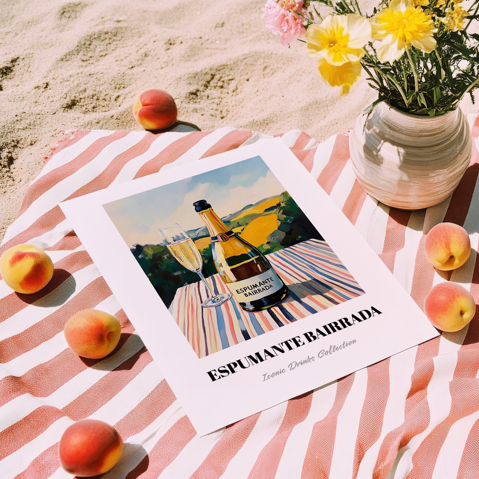 Espumante Bairrada – Portuguese Hilltop Table Scene, Portuguese Sparkling Wine Illustration, unframed on coastal sand