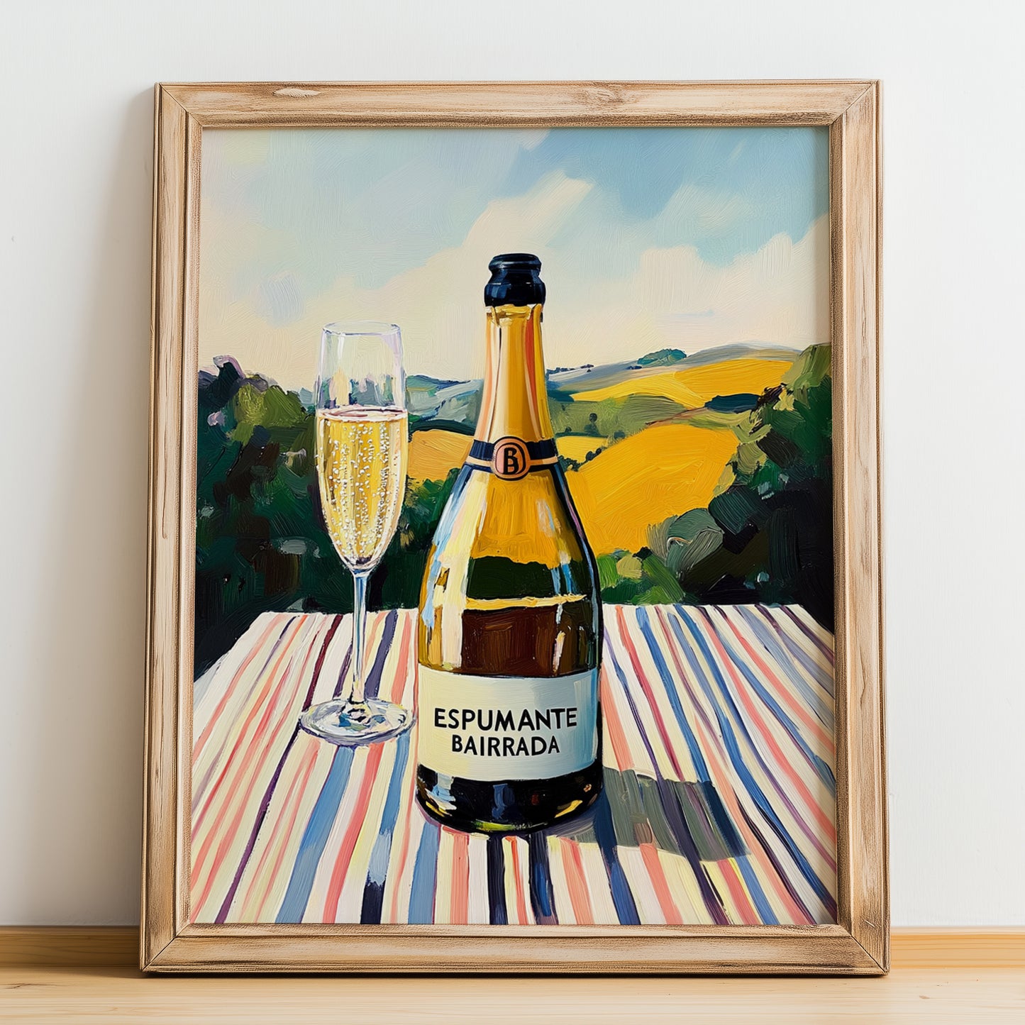Espumante Bairrada – Portuguese Hilltop Table Scene, Portuguese Sparkling Wine Illustration, no-text version framed in wood