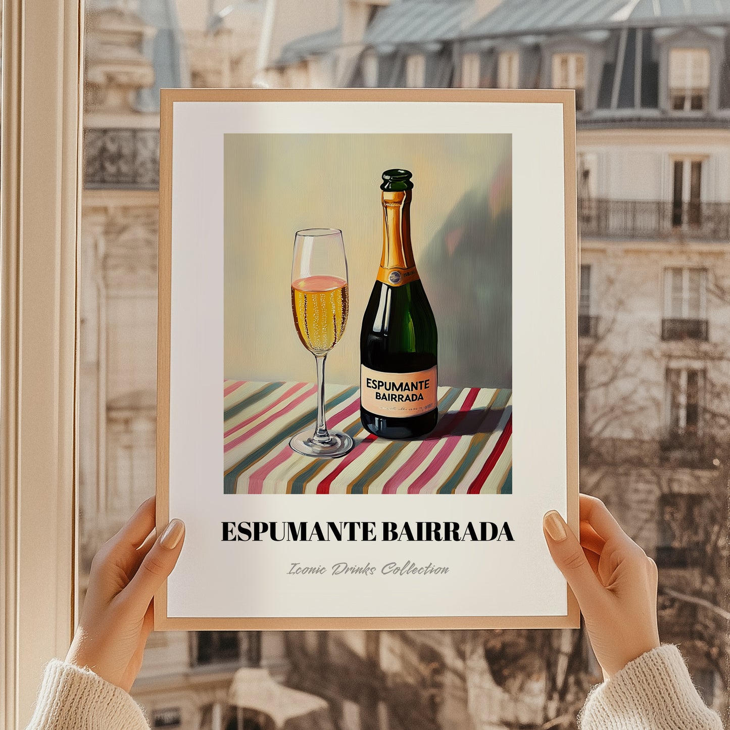 Espumante Bairrada – on Striped Tablecloth, Portuguese Sparkling Wine Painting, styled in a charming Paris street view