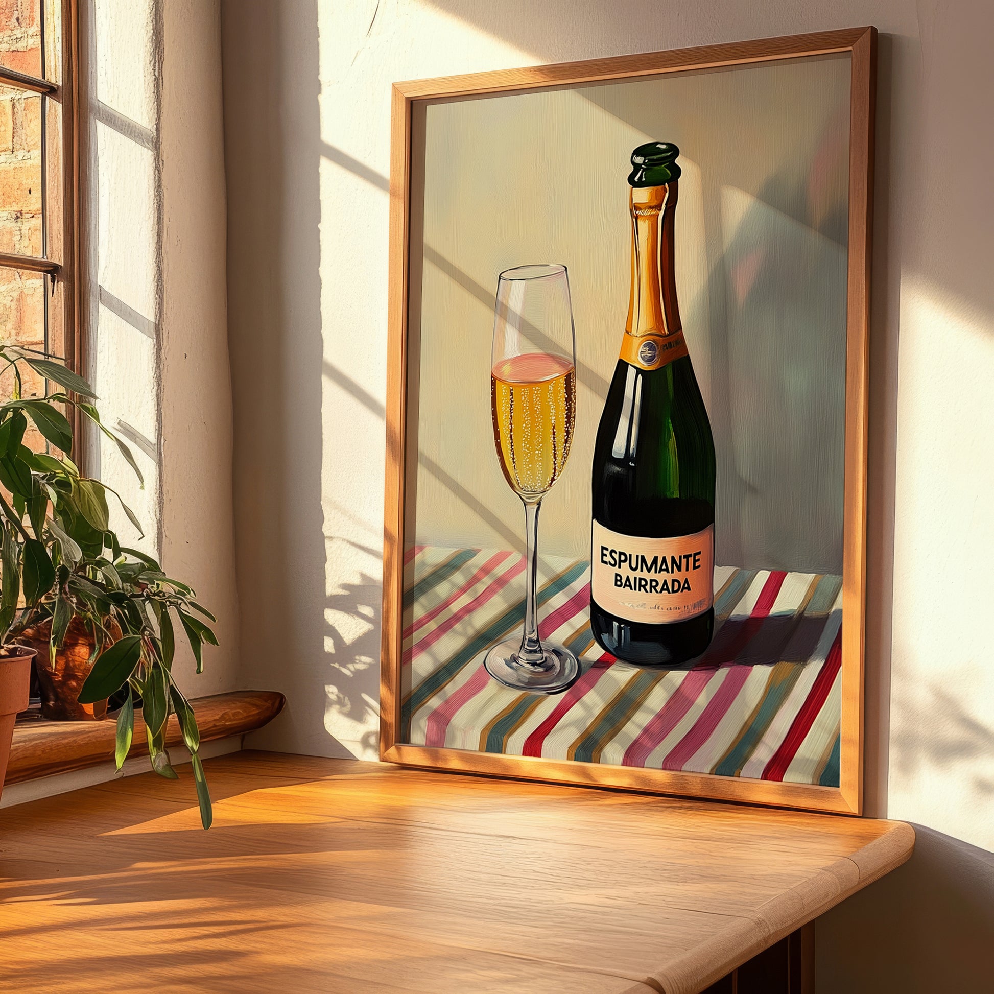 Espumante Bairrada – on Striped Tablecloth, Portuguese Sparkling Wine Painting, clean layout with no caption