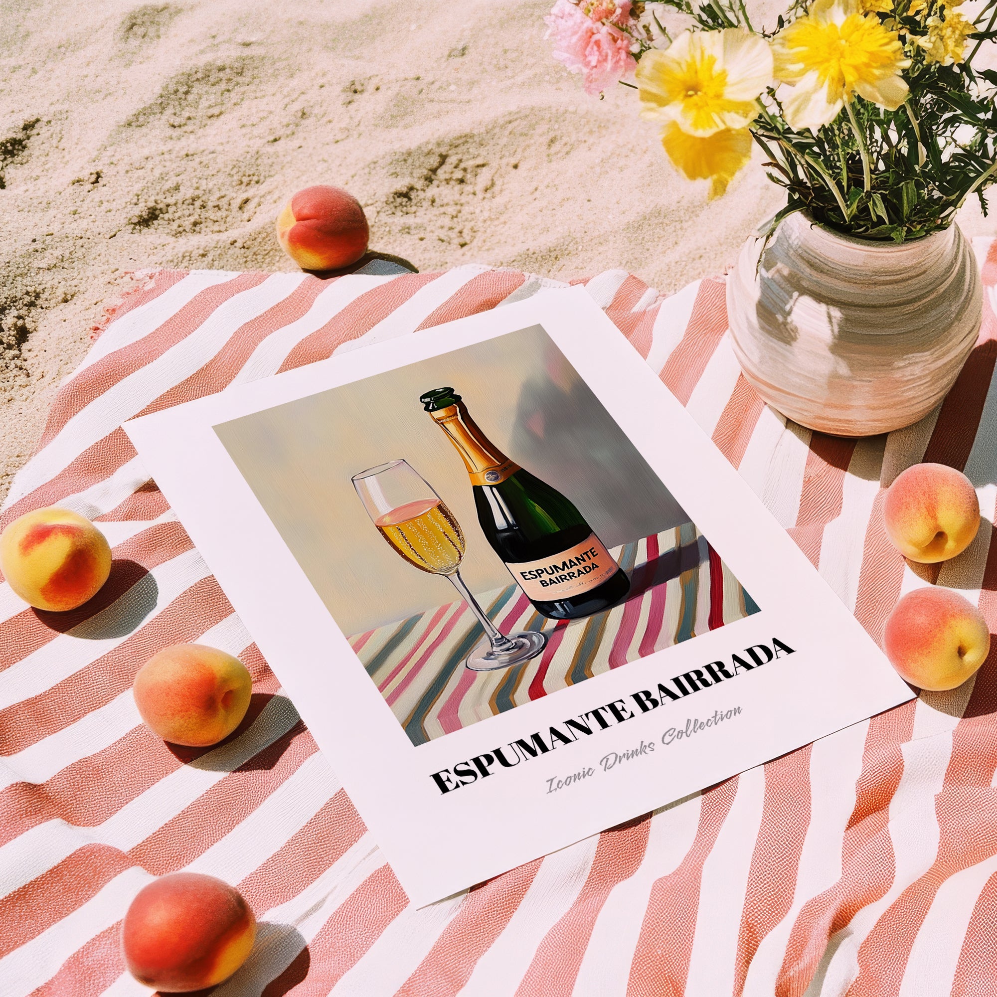 Espumante Bairrada – on Striped Tablecloth, Portuguese Sparkling Wine Painting, unframed on coastal sand