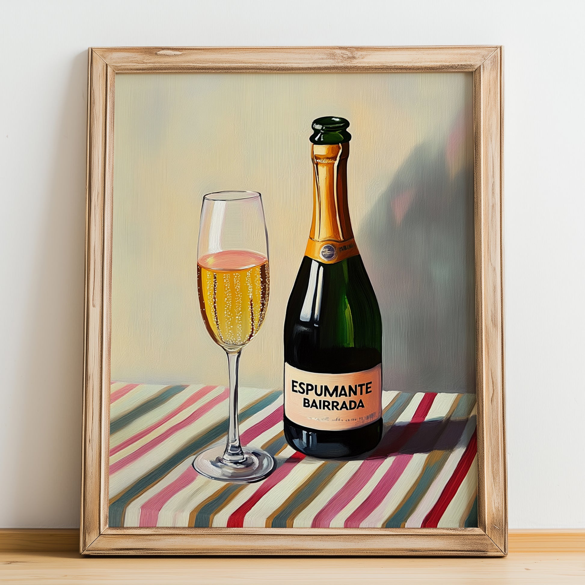 Espumante Bairrada – on Striped Tablecloth, Portuguese Sparkling Wine Painting, no-text version framed in wood