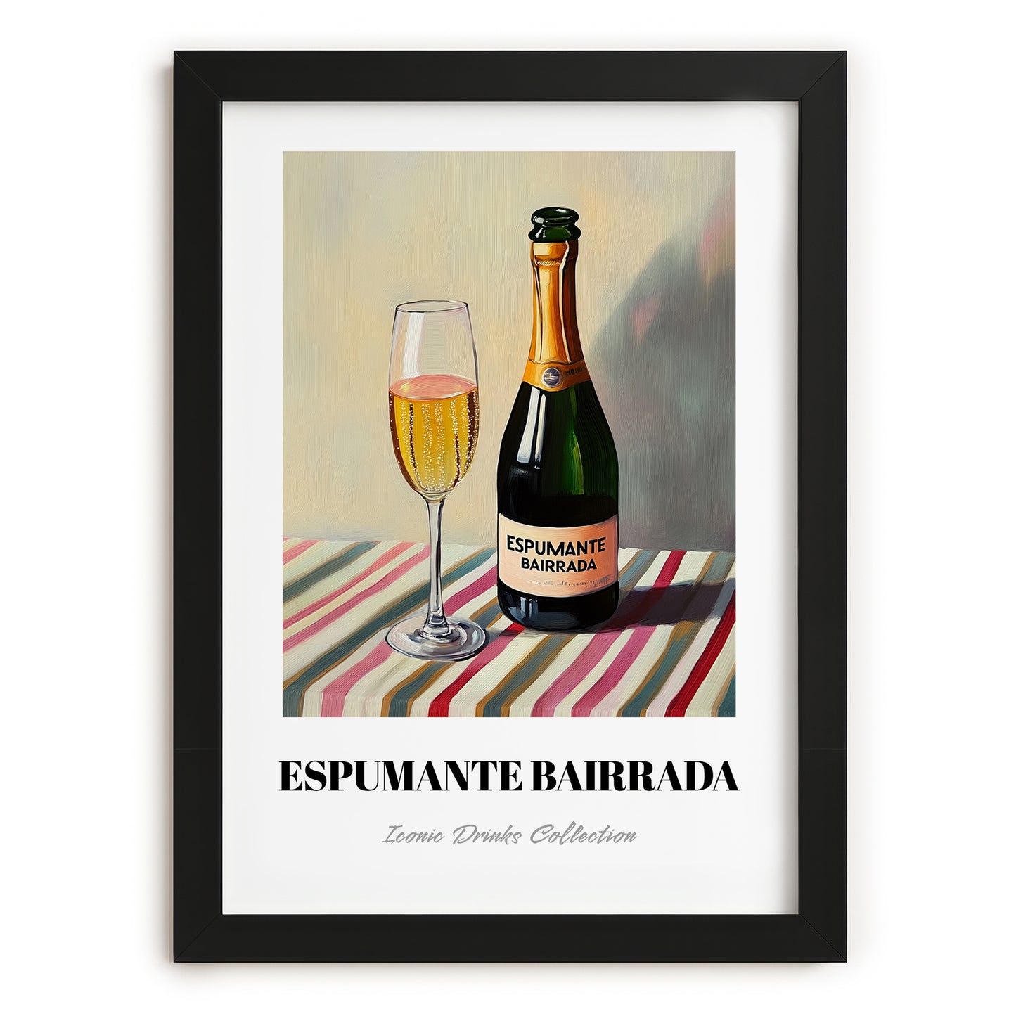 Espumante Bairrada – on Striped Tablecloth, Portuguese Sparkling Wine Painting, in sleek black frame