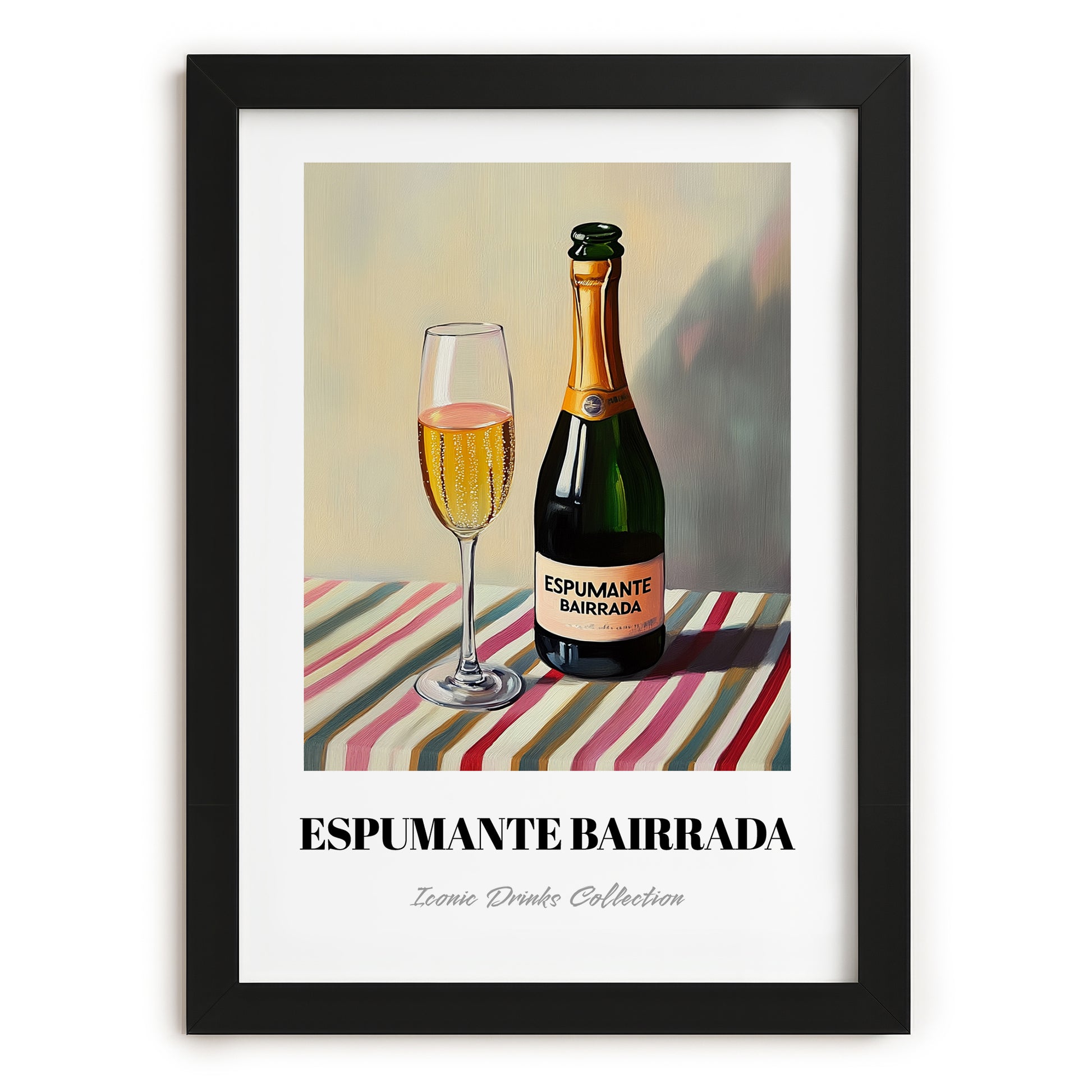 Espumante Bairrada – on Striped Tablecloth, Portuguese Sparkling Wine Painting, in sleek black frame