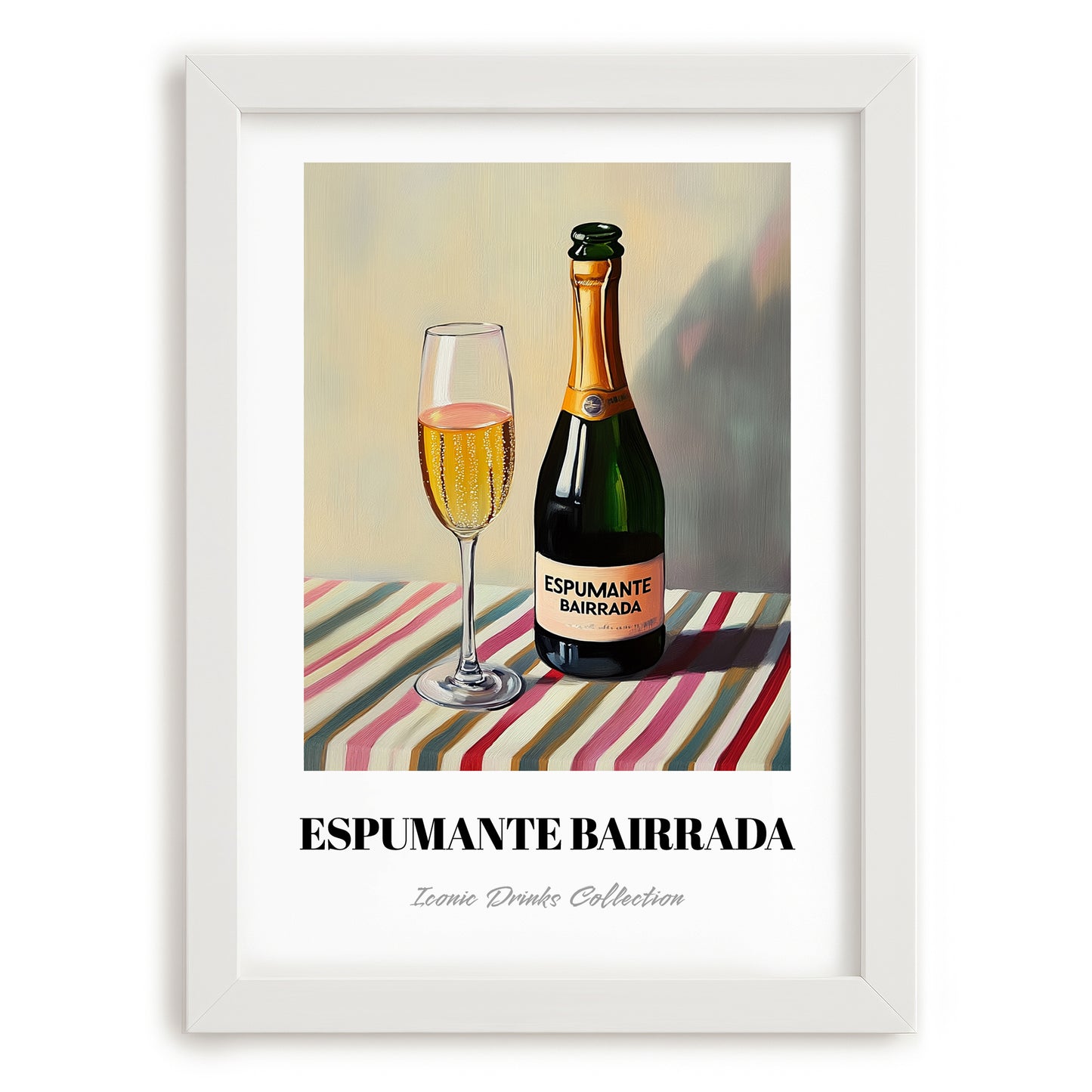 Espumante Bairrada – on Striped Tablecloth, Portuguese Sparkling Wine Painting, placed in minimal white frame