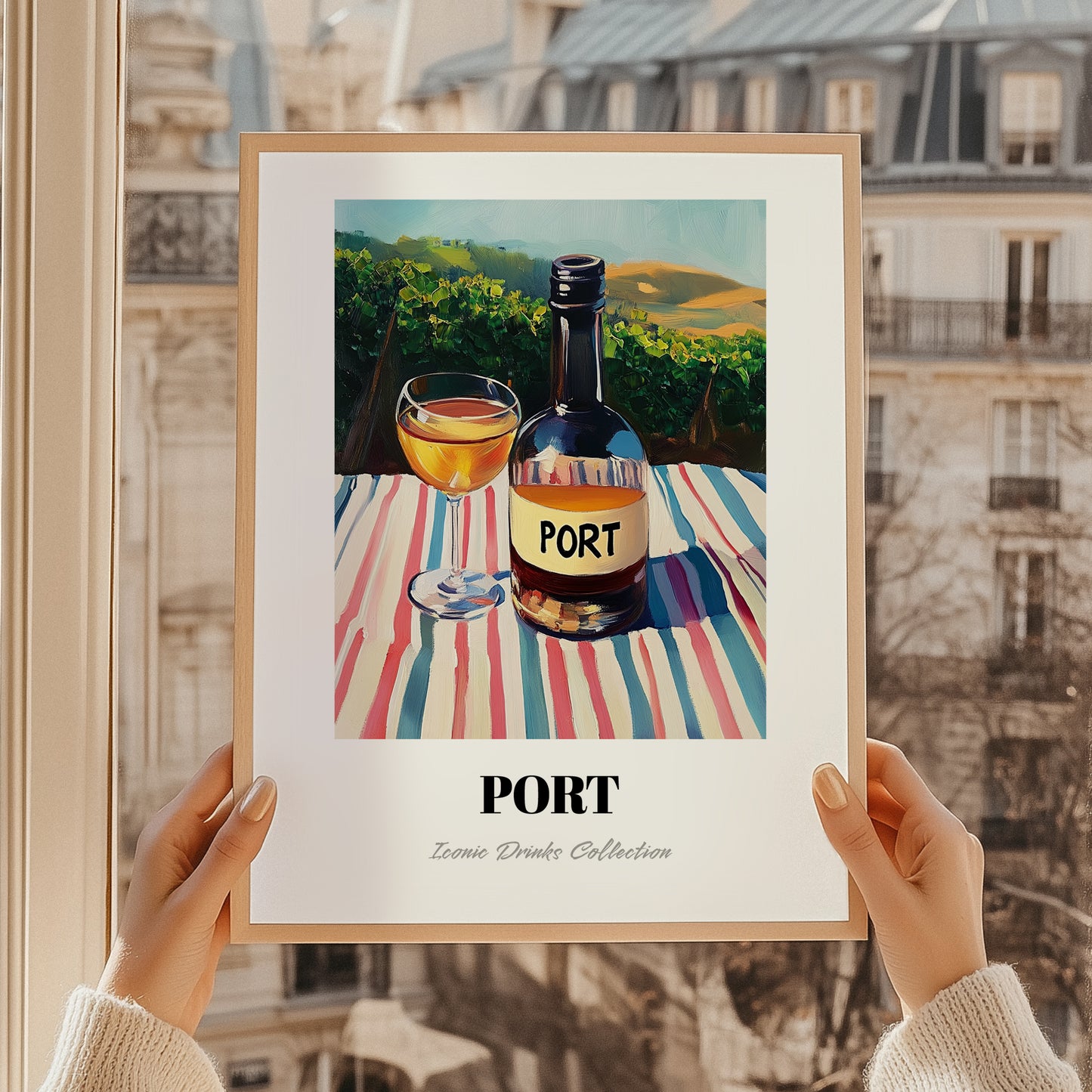 Port – Portuguese Hilltop Café Scene, Portuguese Dessert Wine Painting, styled in a charming Paris street view