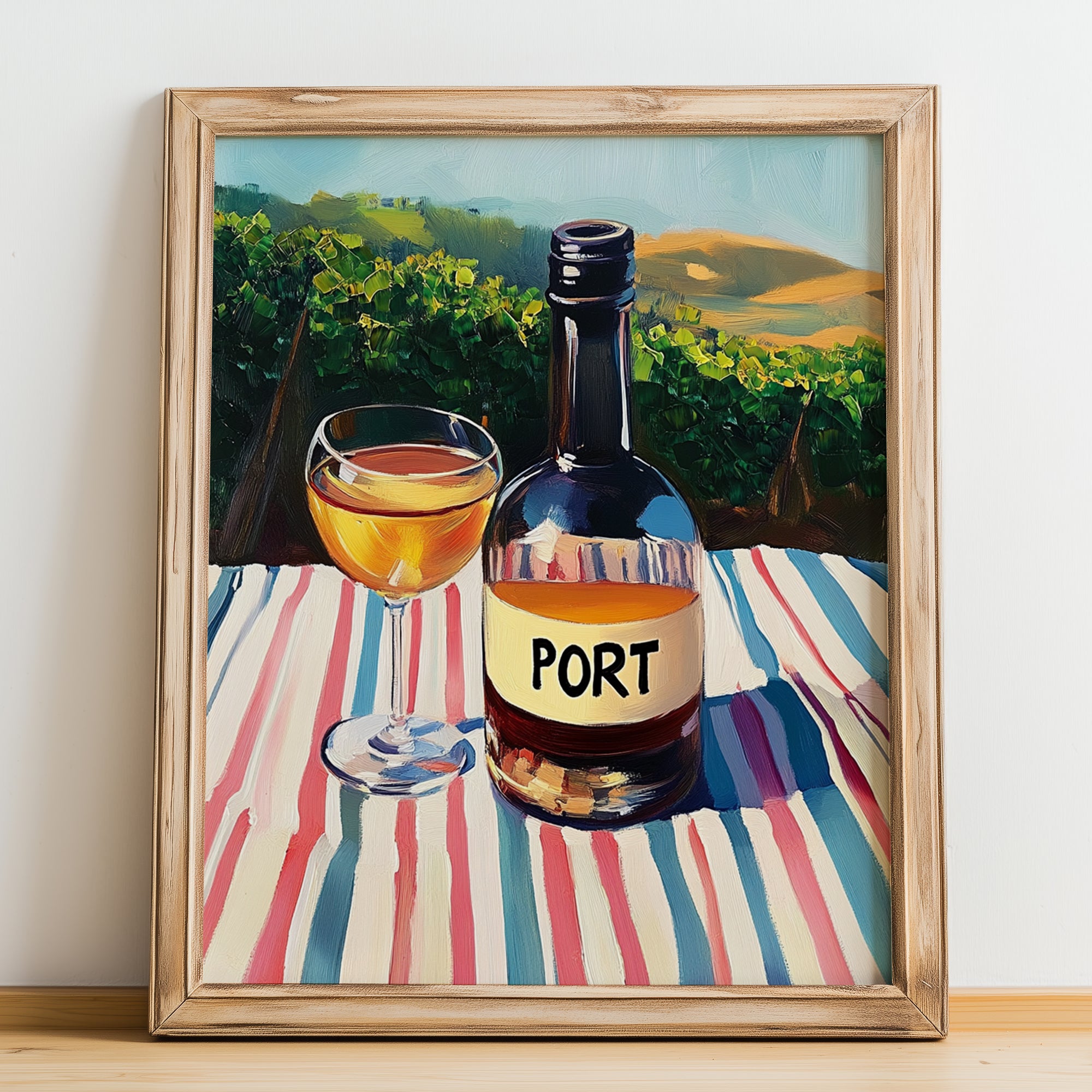 Port – Portuguese Hilltop Café Scene, Portuguese Dessert Wine Painting, no-text version framed in wood