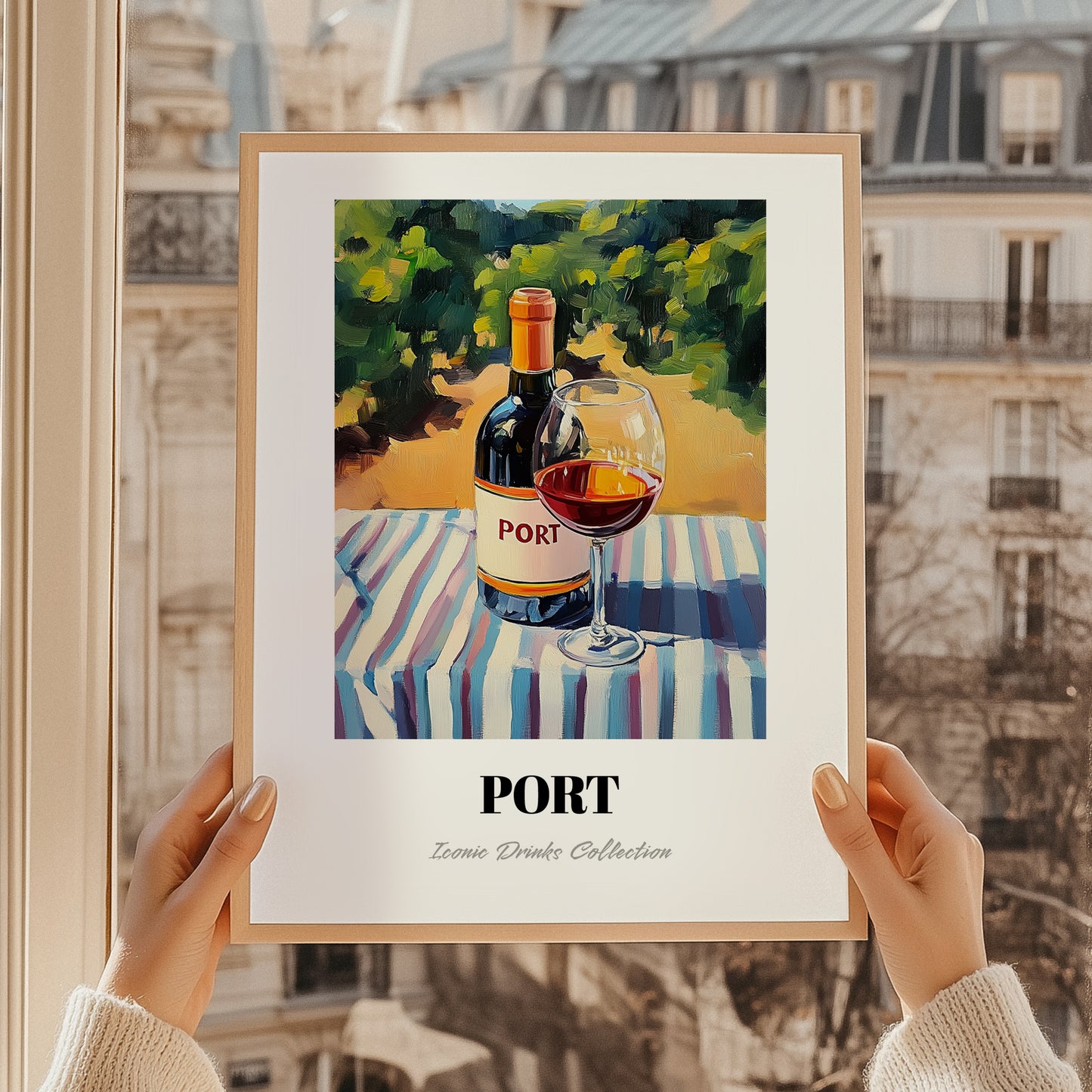 Port – Portuguese Hillside Café View, Portuguese Dessert Wine Wall Art, styled in a charming Paris street view