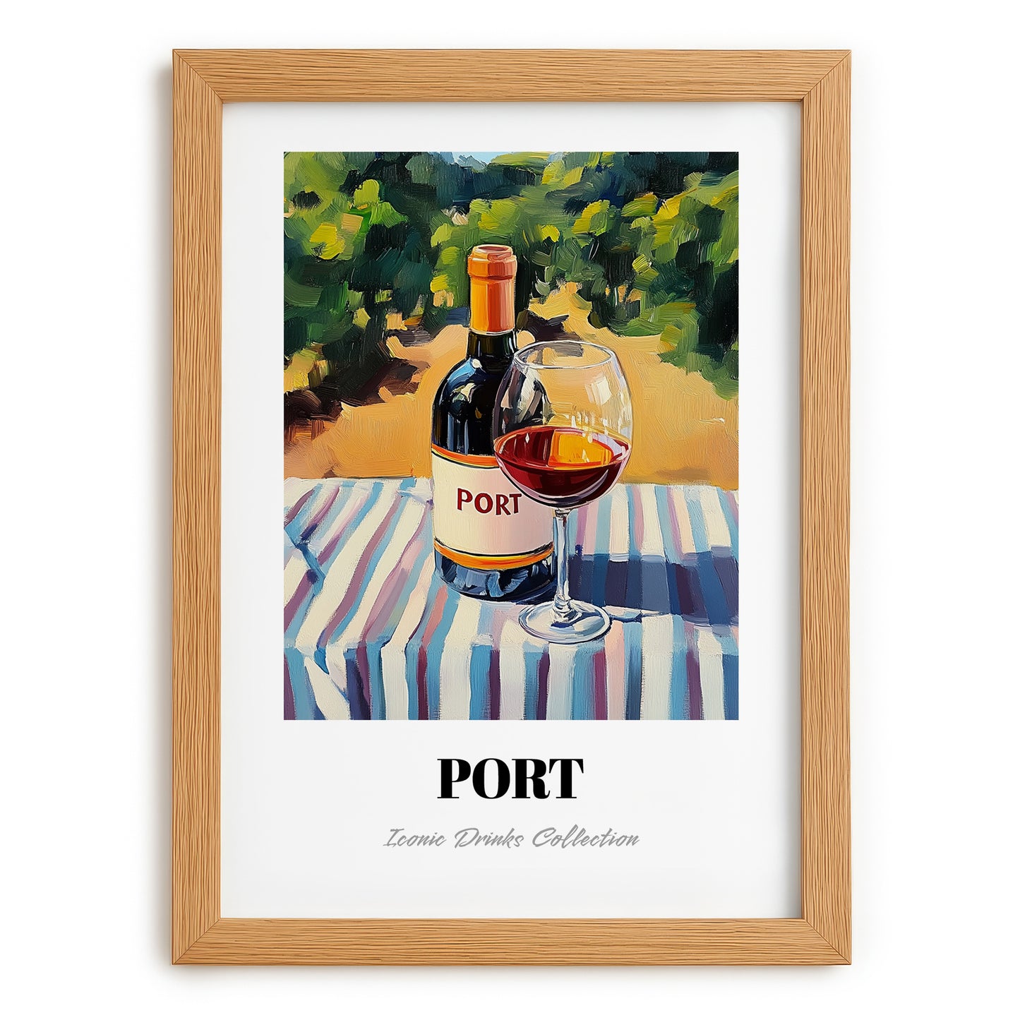 Port – Portuguese Hillside Café View, Portuguese Dessert Wine Wall Art, set in oak frame