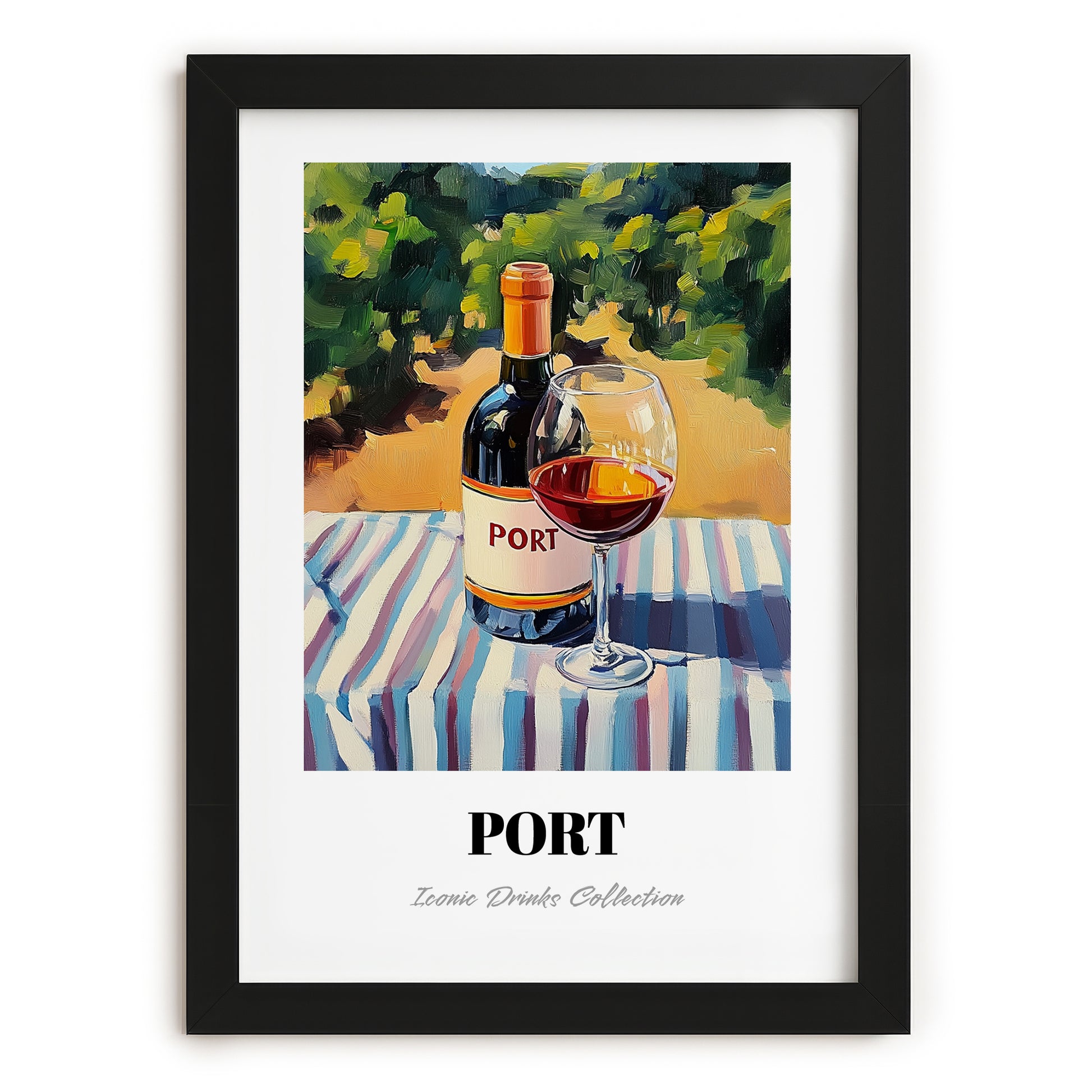 Port – Portuguese Hillside Café View, Portuguese Dessert Wine Wall Art, in sleek black frame