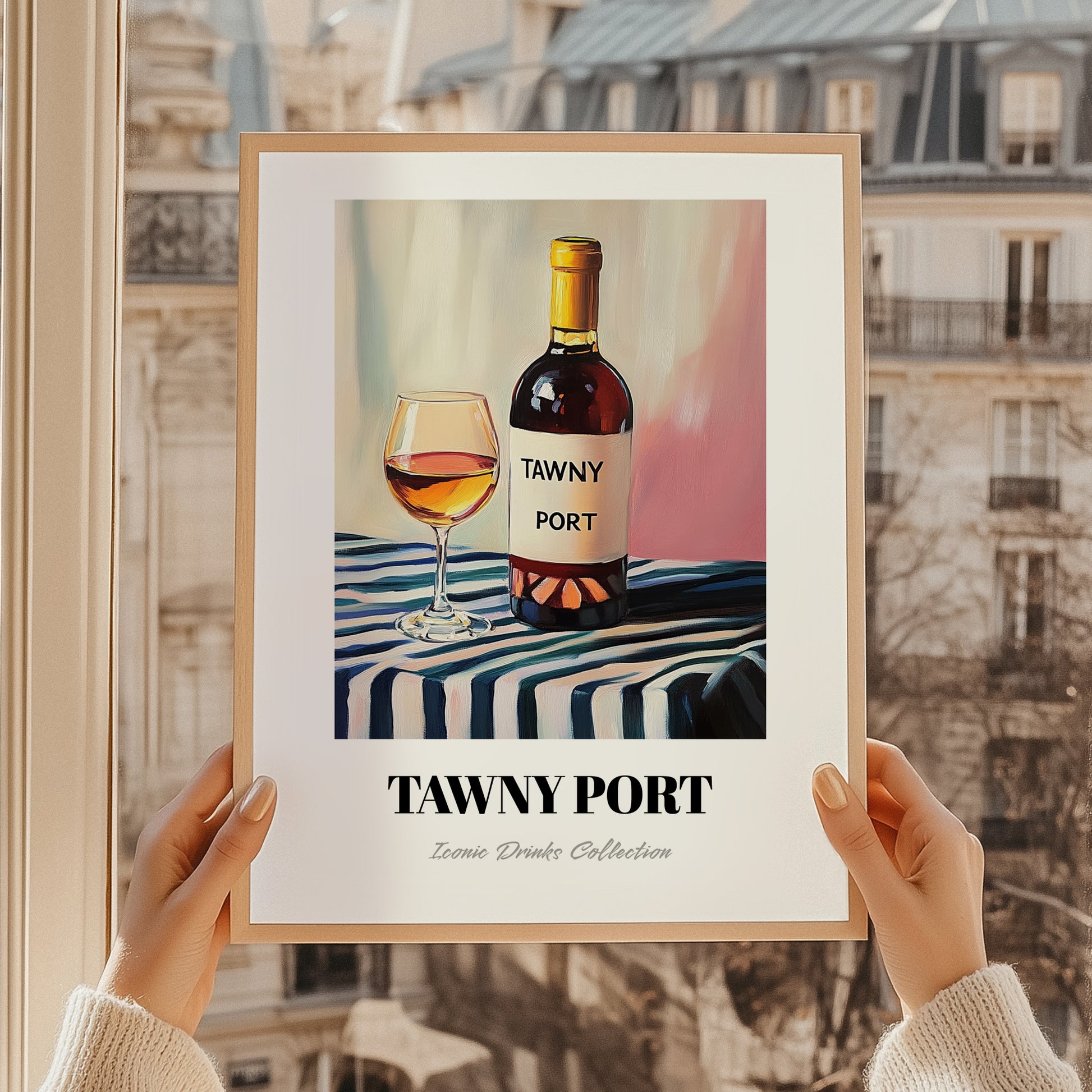 Tawny Port – on Striped Tablecloth, Portuguese Dessert Wine Wall Decor, styled in a charming Paris street view