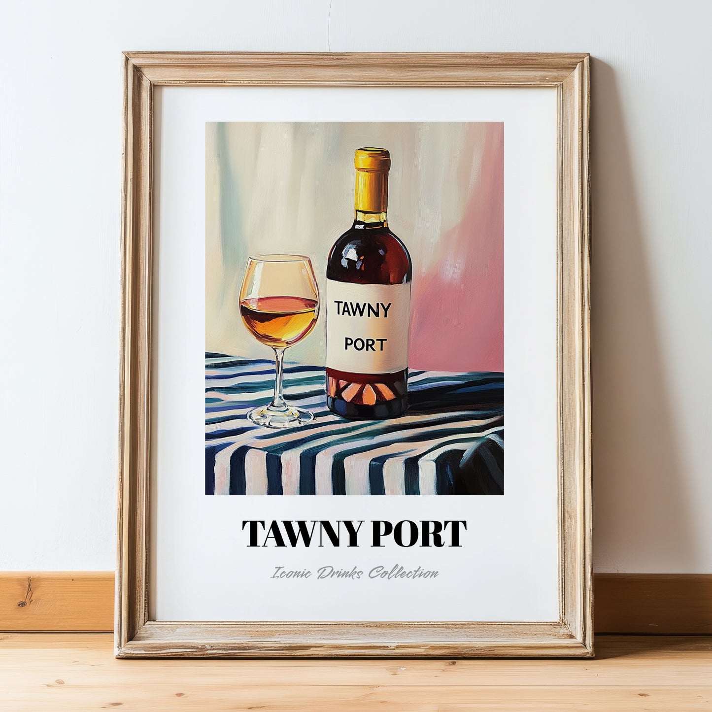 Tawny Port – on Striped Tablecloth, Portuguese Dessert Wine Wall Decor, in wooden frame leaning on the floor