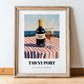 Tawny Port – Portuguese Coastal Café Moment, Portuguese Dessert Wine Wall Art, in wooden frame leaning on the floor