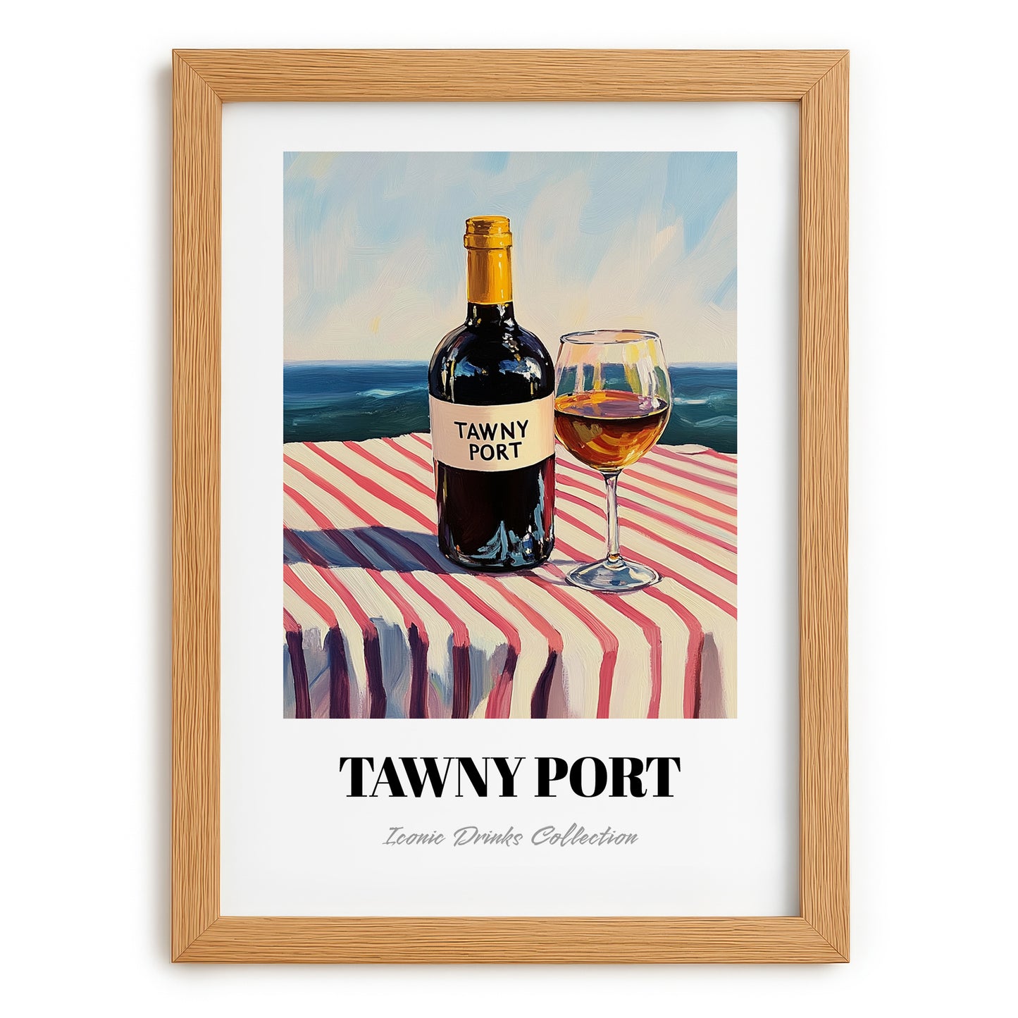 Tawny Port – Portuguese Coastal Café Moment, Portuguese Dessert Wine Wall Art, set in oak frame