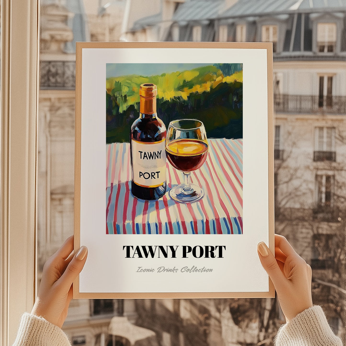 Tawny Port – Portuguese Hilltop Café Scene, Portuguese Dessert Wine Wall Decor, styled in a charming Paris street view