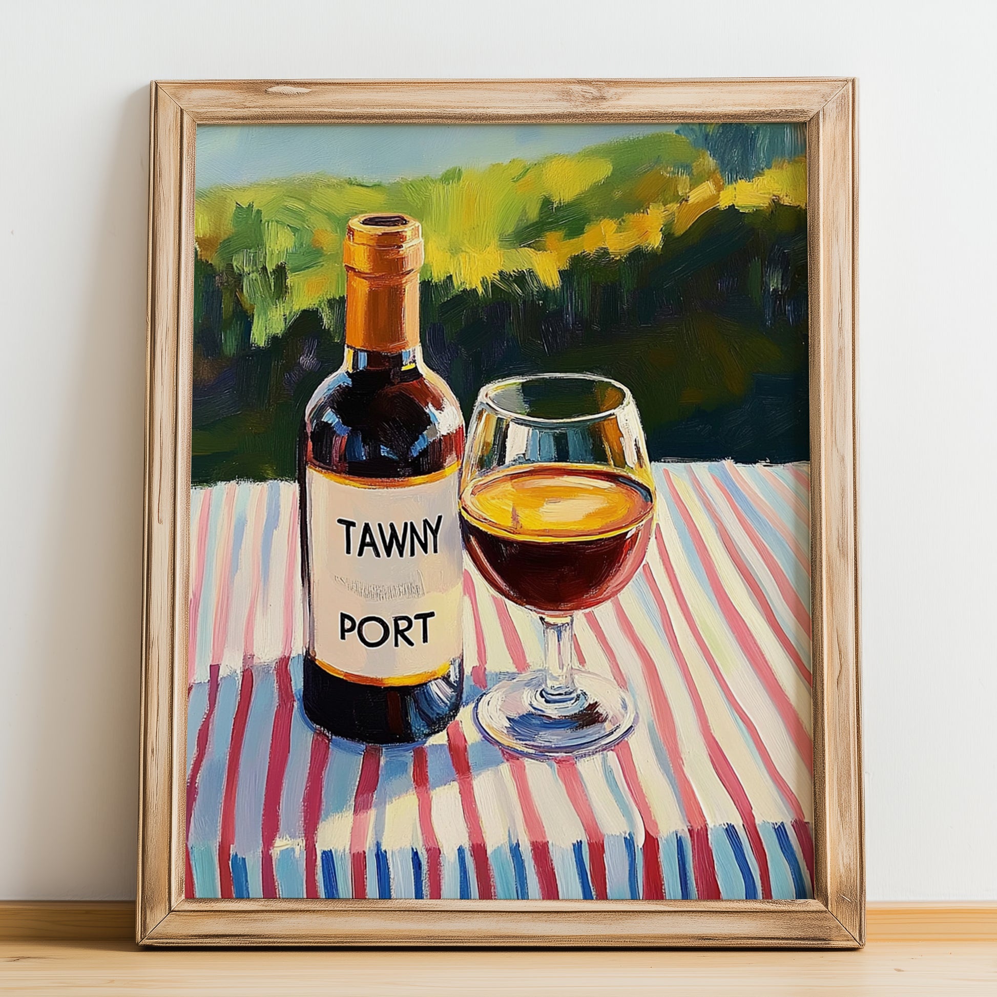 Tawny Port – Portuguese Hilltop Café Scene, Portuguese Dessert Wine Wall Decor, no-text version framed in wood