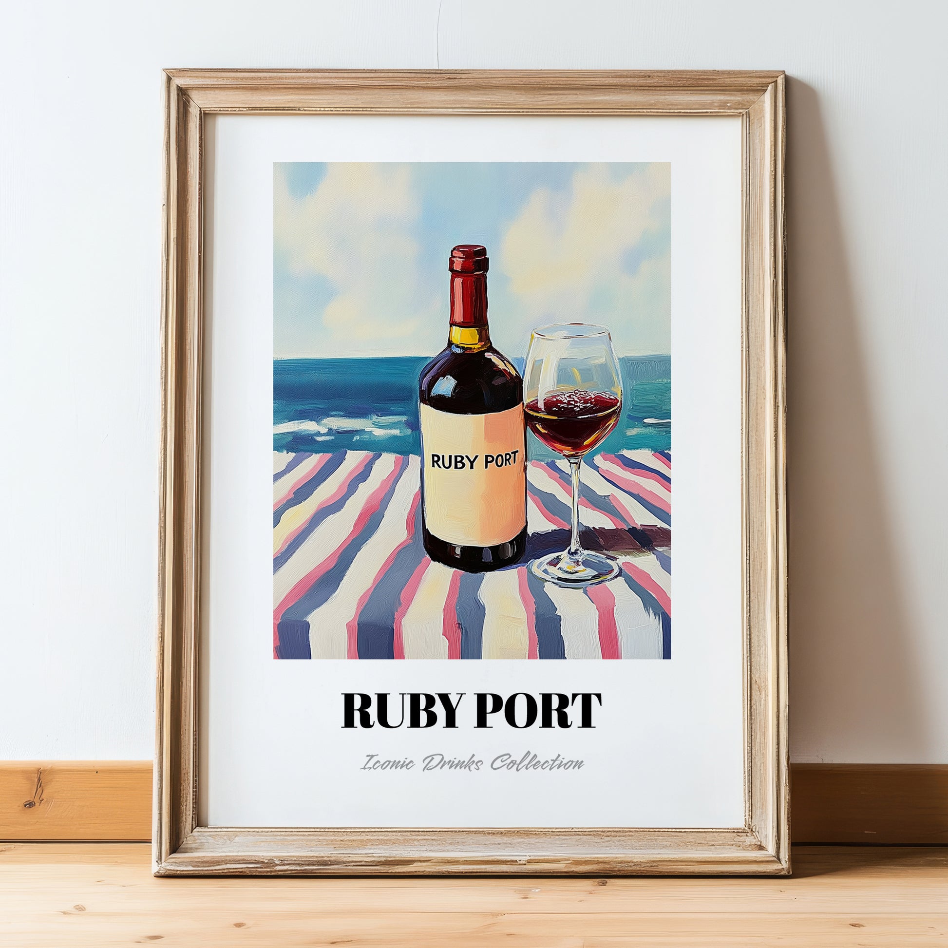 Ruby Port – Portuguese Seaside Scene, Portuguese Dessert Wine Wall Illustration, in wooden frame leaning on the floor