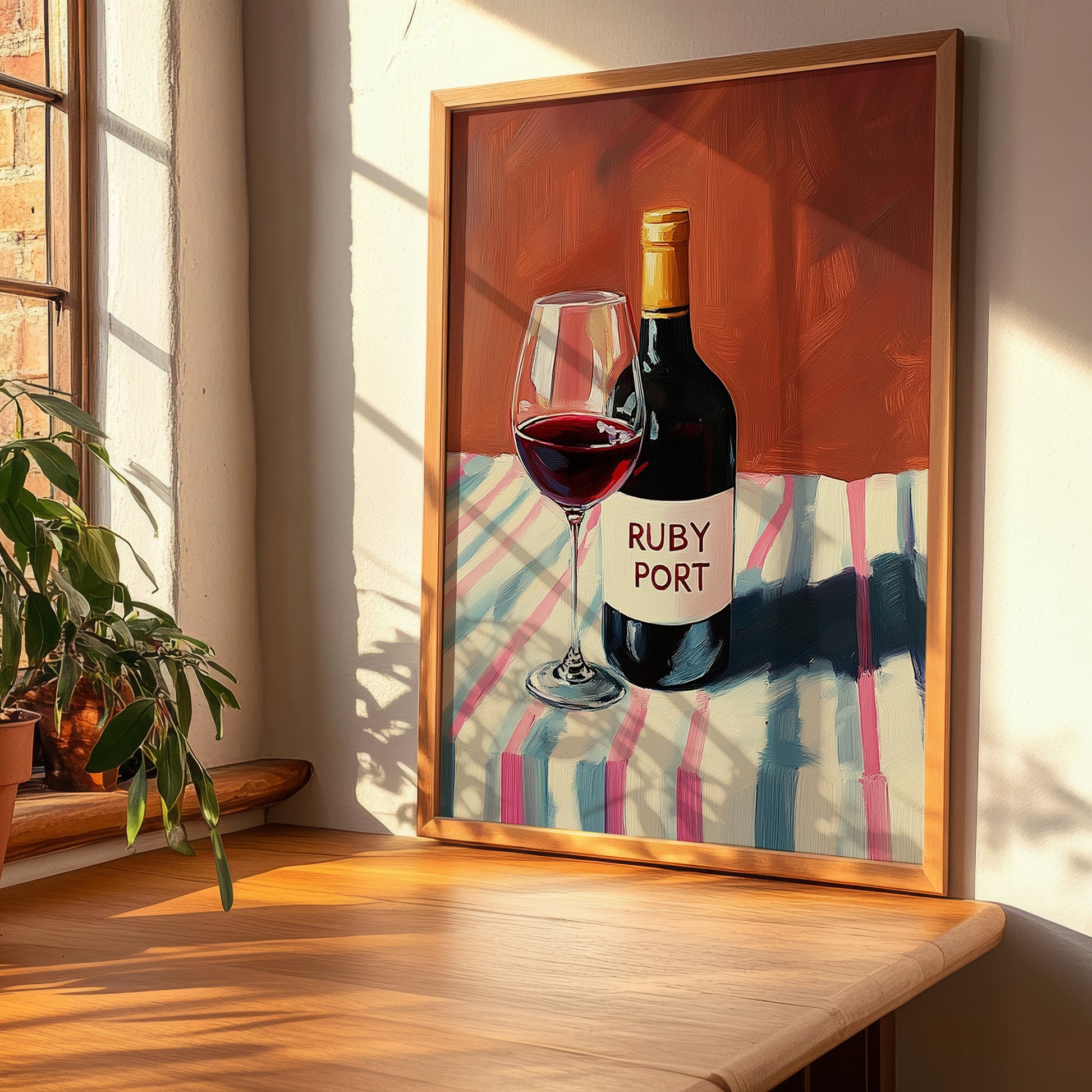 Ruby Port – on Striped Tablecloth, Portuguese Dessert Wine Wall Art, clean layout with no caption