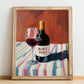 Ruby Port – on Striped Tablecloth, Portuguese Dessert Wine Wall Art, no-text version framed in wood