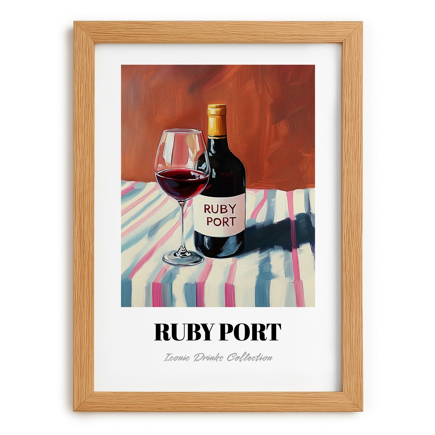 Ruby Port – on Striped Tablecloth, Portuguese Dessert Wine Wall Art, set in oak frame