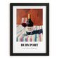 Ruby Port – on Striped Tablecloth, Portuguese Dessert Wine Wall Art, in sleek black frame