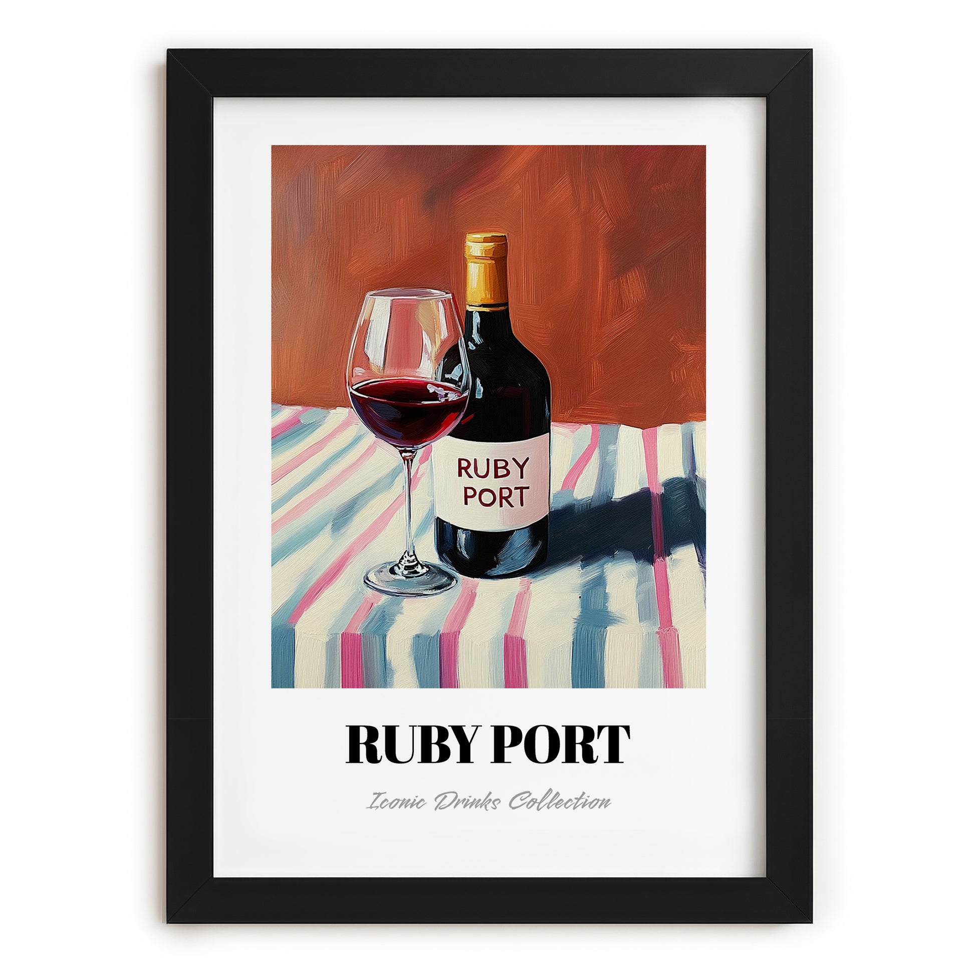 Ruby Port – on Striped Tablecloth, Portuguese Dessert Wine Wall Art, in sleek black frame