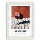 Ruby Port – on Striped Tablecloth, Portuguese Dessert Wine Wall Art, placed in minimal white frame