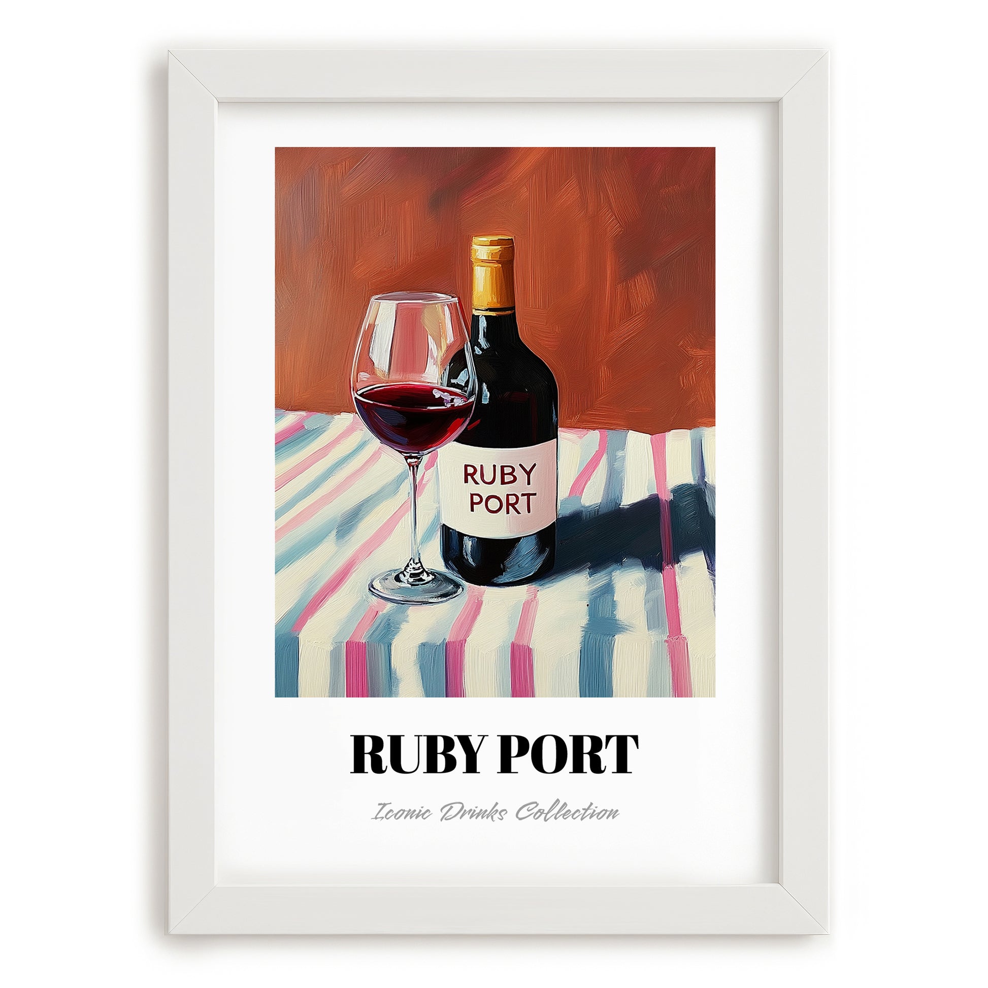 Ruby Port – on Striped Tablecloth, Portuguese Dessert Wine Wall Art, placed in minimal white frame