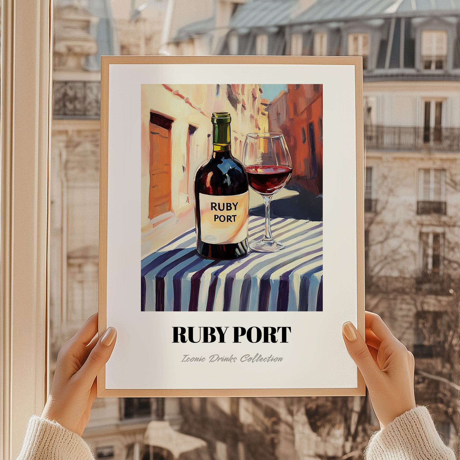 Ruby Port – Portuguese Street Café Scene, Portuguese Dessert Wine Print, styled in a charming Paris street view