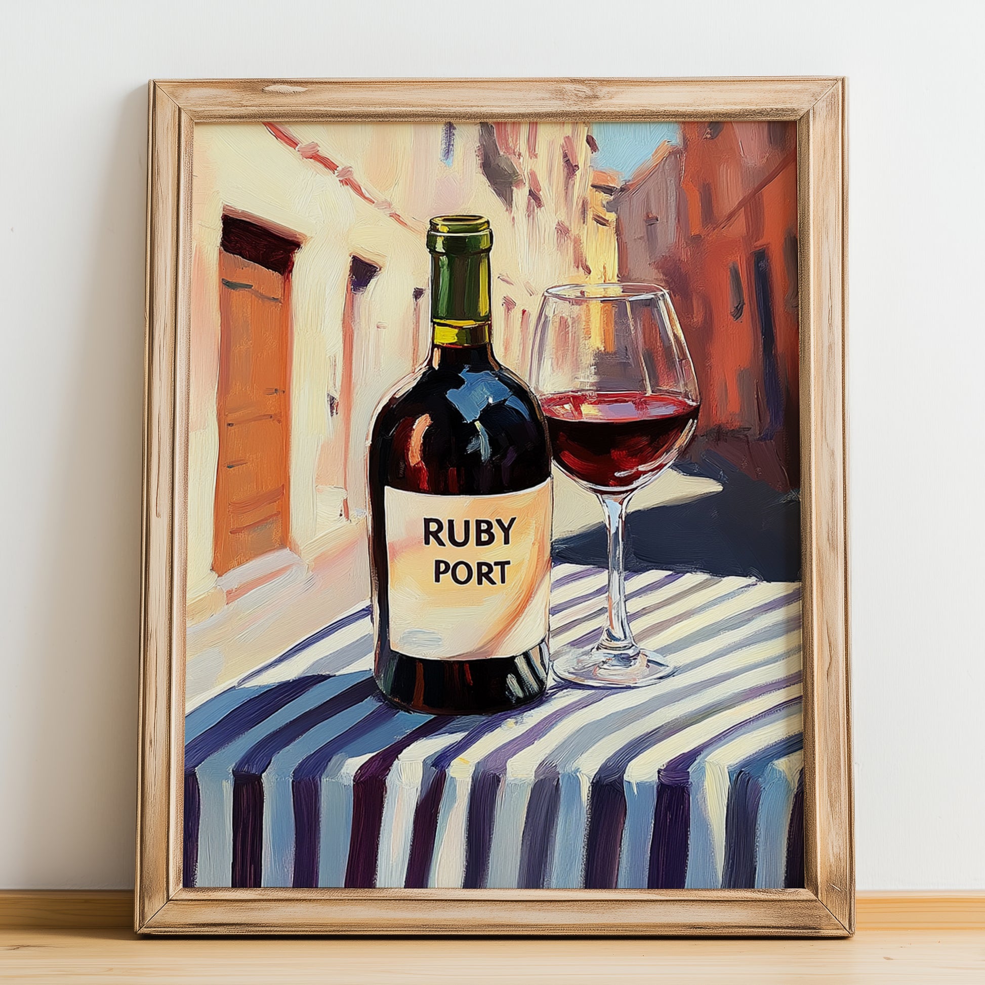 Ruby Port – Portuguese Street Café Scene, Portuguese Dessert Wine Print, no-text version framed in wood
