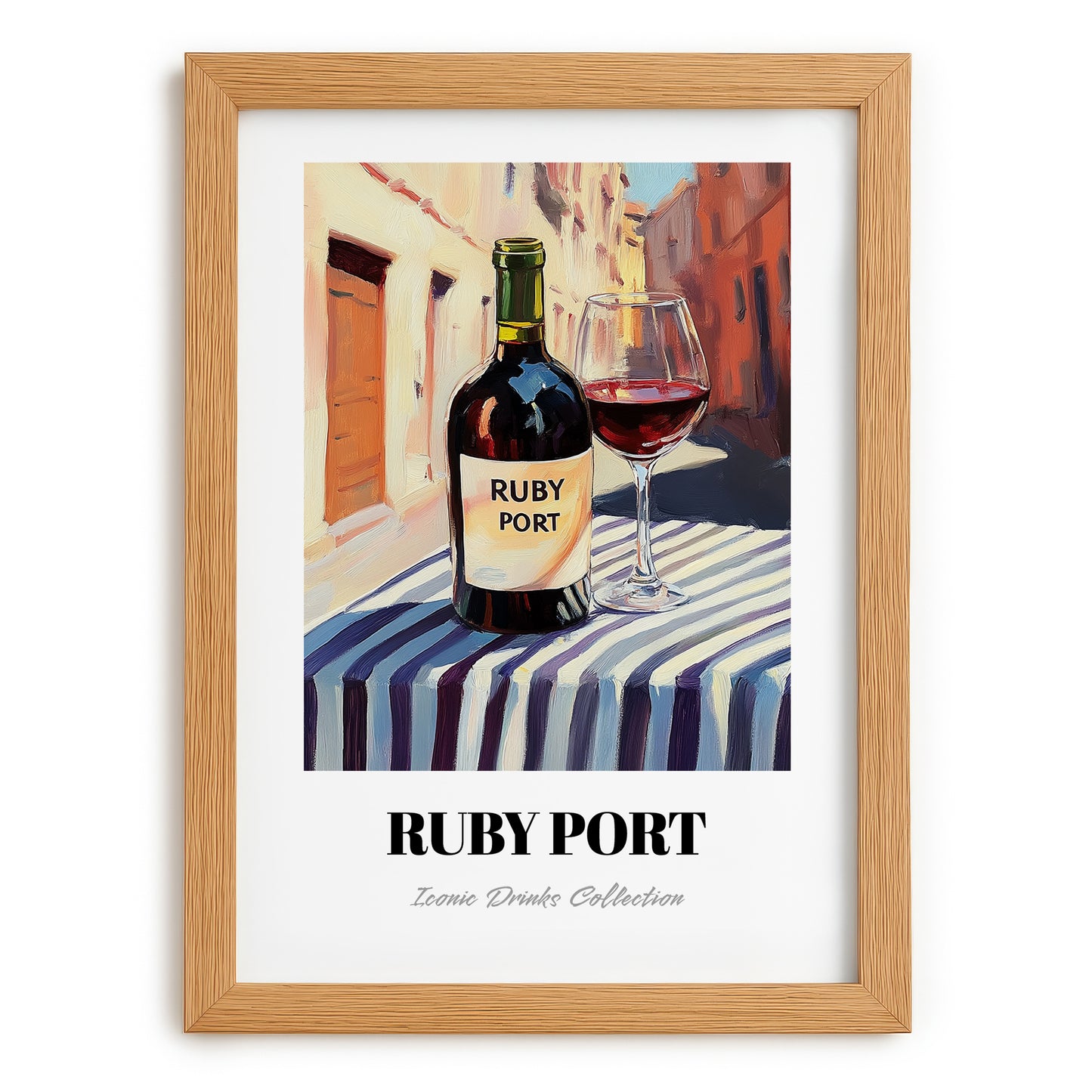 Ruby Port – Portuguese Street Café Scene, Portuguese Dessert Wine Print, set in oak frame