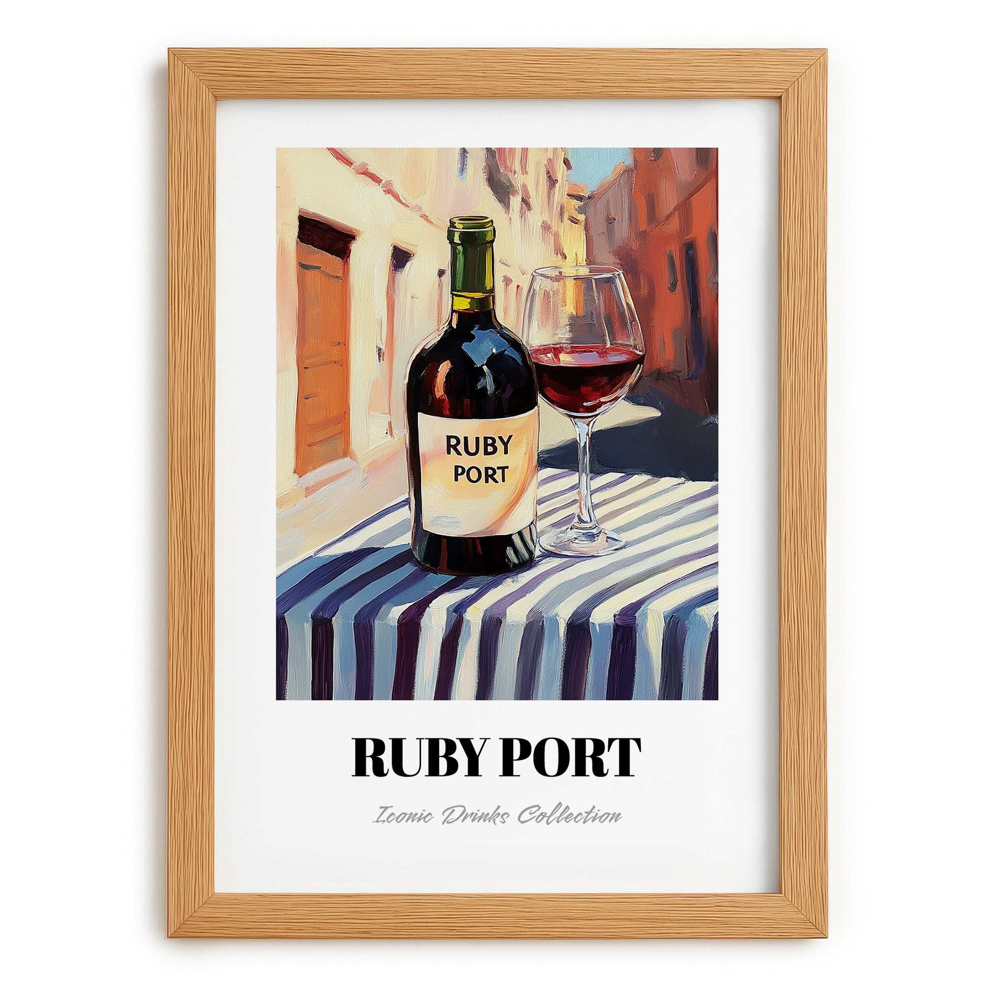 Ruby Port – Portuguese Street Café Scene, Portuguese Dessert Wine Print, set in oak frame