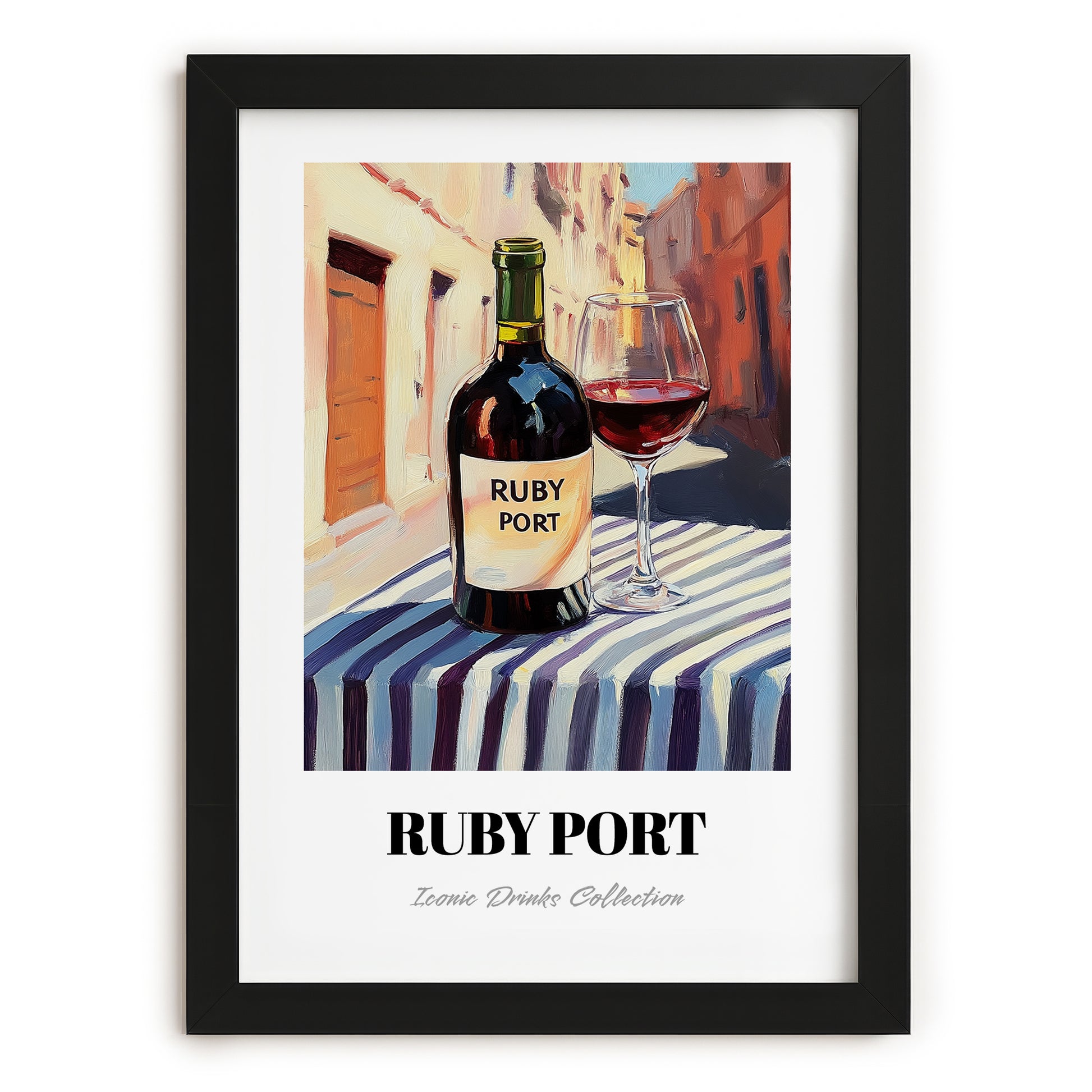 Ruby Port – Portuguese Street Café Scene, Portuguese Dessert Wine Print, in sleek black frame