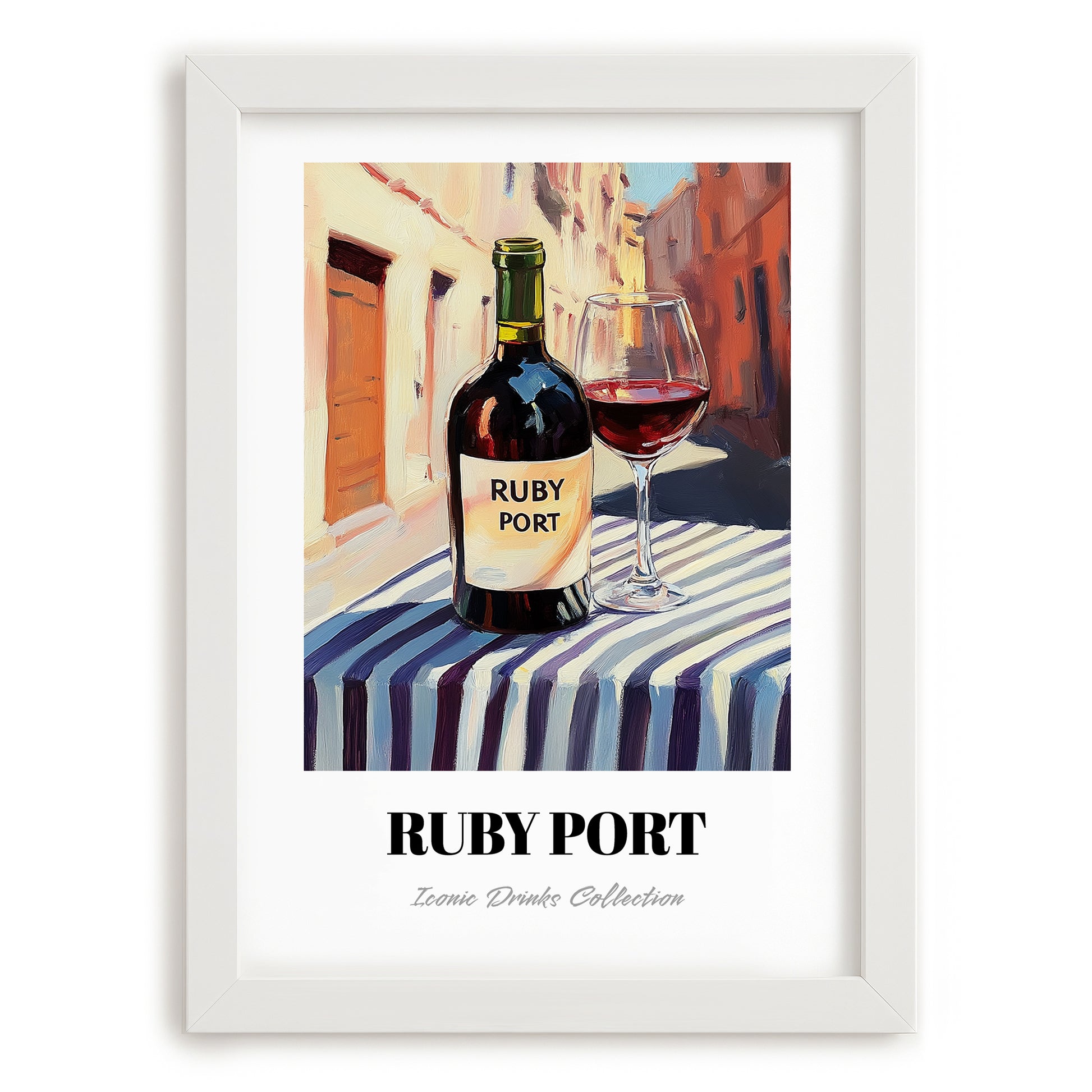 Ruby Port – Portuguese Street Café Scene, Portuguese Dessert Wine Print, placed in minimal white frame
