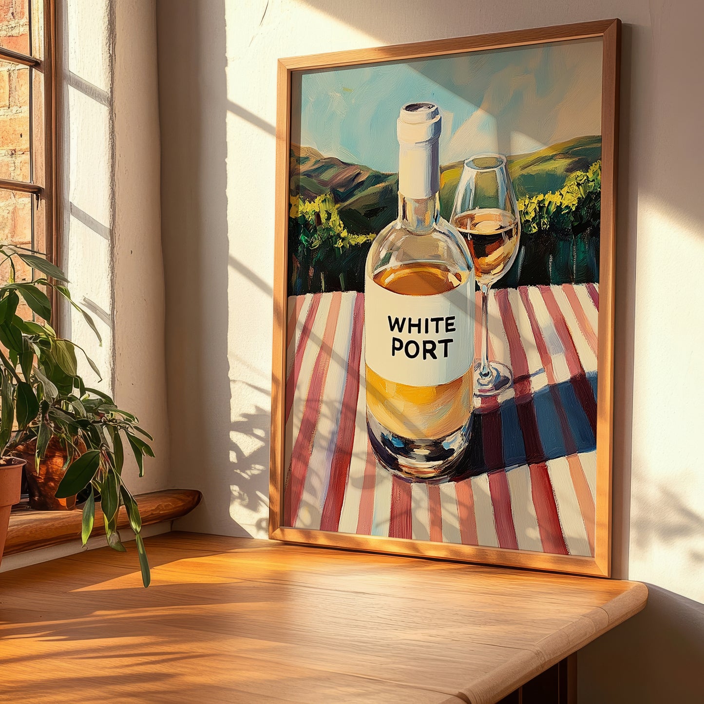 White Port – Portuguese Hilltop Café Scene, Portuguese Dessert Wine Illustration, clean layout with no caption