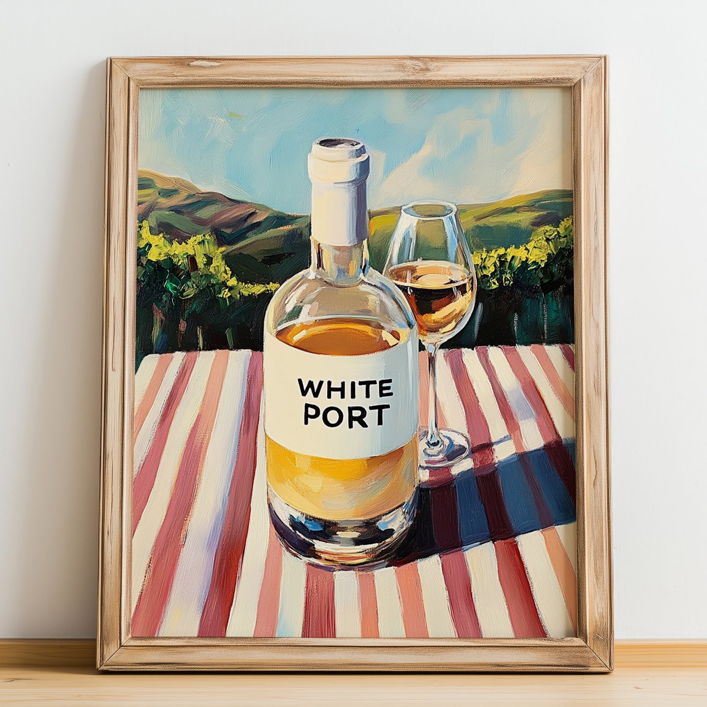 White Port – Portuguese Hilltop Café Scene, Portuguese Dessert Wine Illustration, no-text version framed in wood