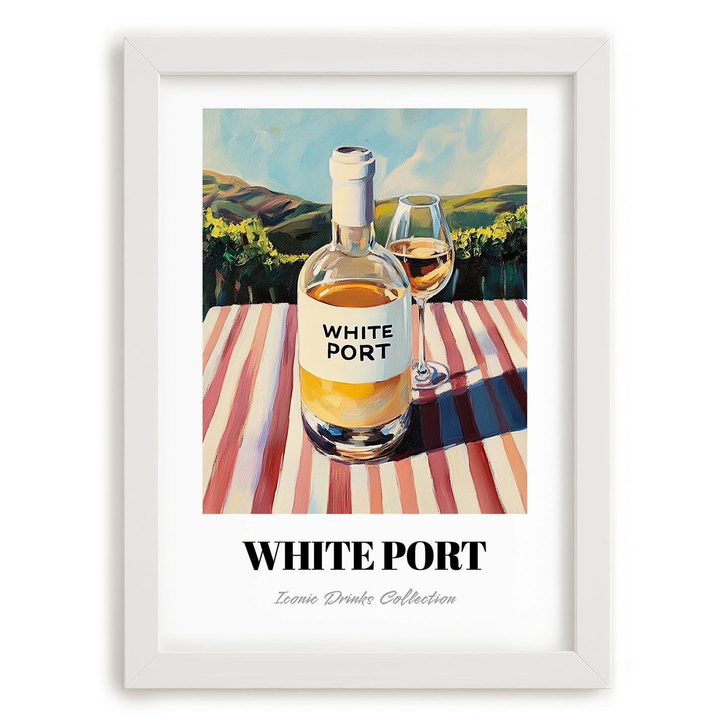 White Port – Portuguese Hilltop Café Scene, Portuguese Dessert Wine Illustration, placed in minimal white frame