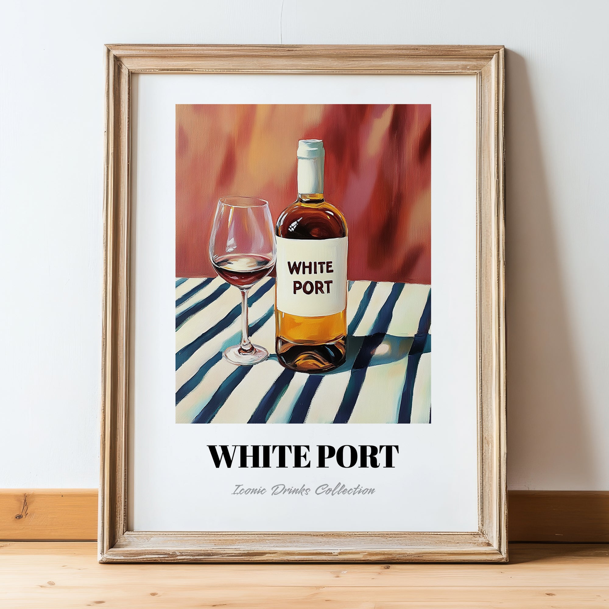 White Port – on Striped Tablecloth, Portuguese Dessert Wine Poster, in wooden frame leaning on the floor