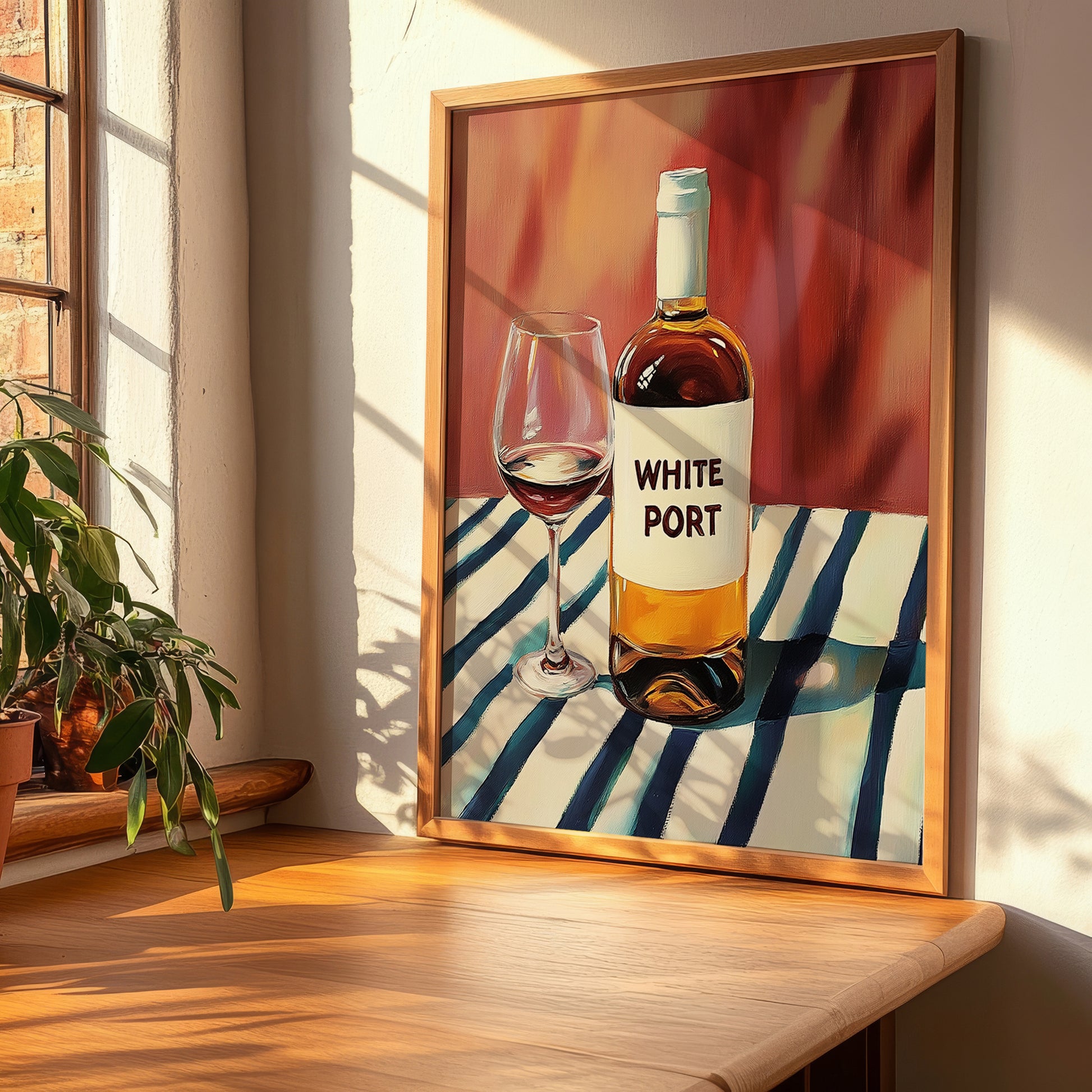 White Port – on Striped Tablecloth, Portuguese Dessert Wine Poster, clean layout with no caption