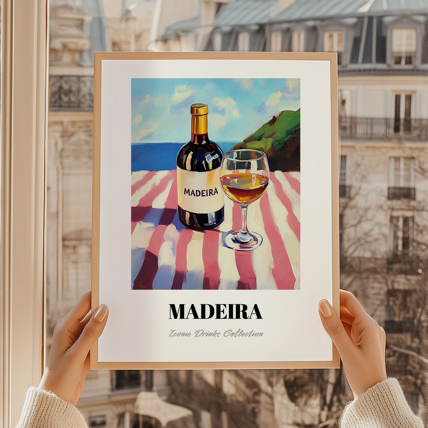 Madeira – Portuguese Coastal Table, Portuguese Dessert Wine Painting, styled in a charming Paris street view