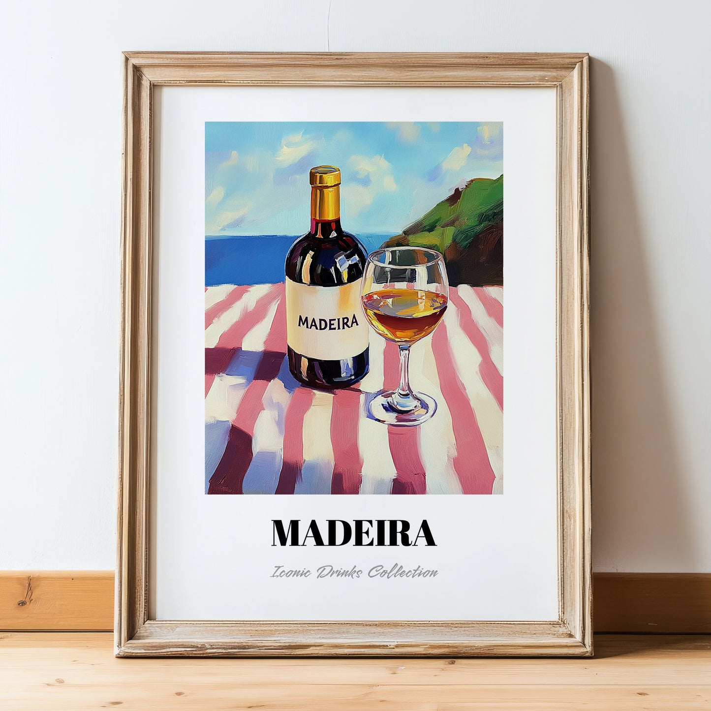 Madeira – Portuguese Coastal Table, Portuguese Dessert Wine Painting, in wooden frame leaning on the floor