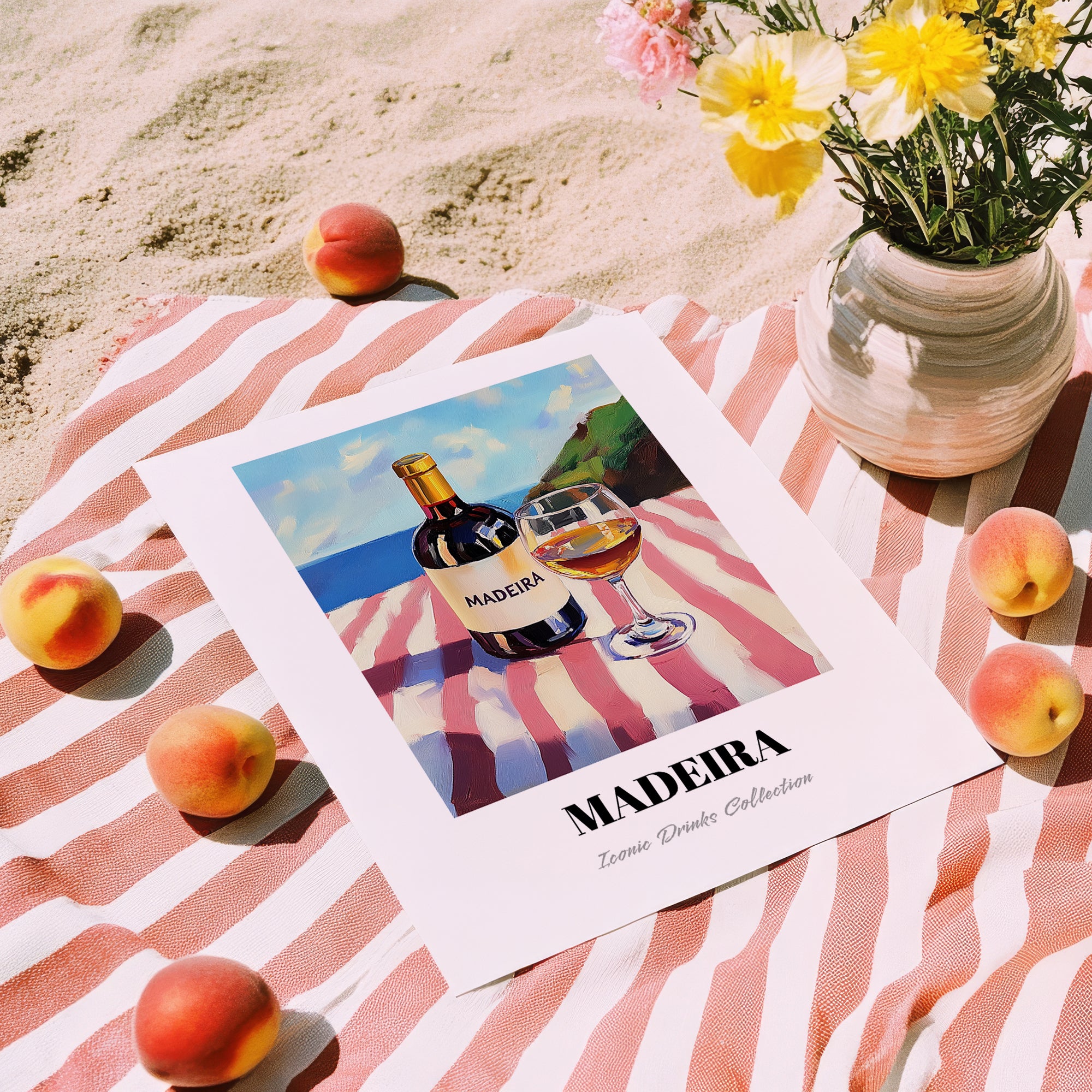 Madeira – Portuguese Coastal Table, Portuguese Dessert Wine Painting, unframed on coastal sand