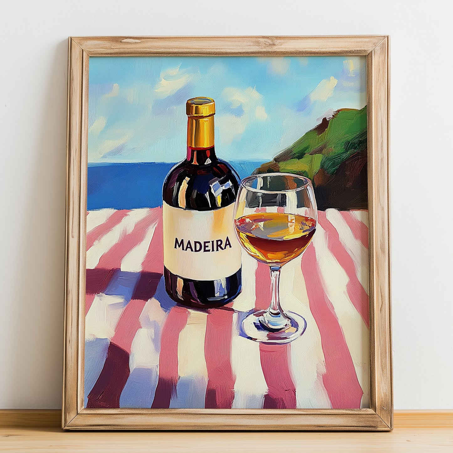 Madeira – Portuguese Coastal Table, Portuguese Dessert Wine Painting, no-text version framed in wood