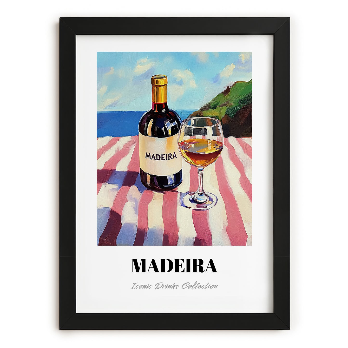 Madeira – Portuguese Coastal Table, Portuguese Dessert Wine Painting, in sleek black frame