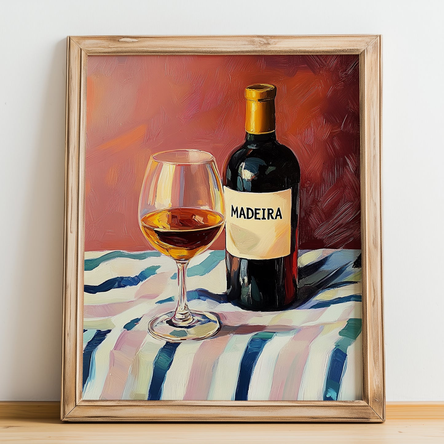 Madeira – on Striped Tablecloth, Portuguese Dessert Wine Print, no-text version framed in wood