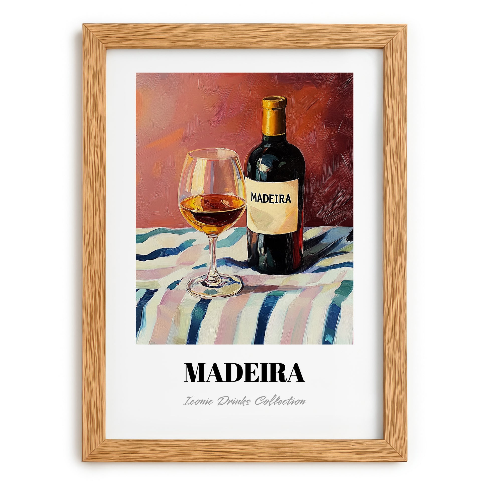 Madeira – on Striped Tablecloth, Portuguese Dessert Wine Print, set in oak frame