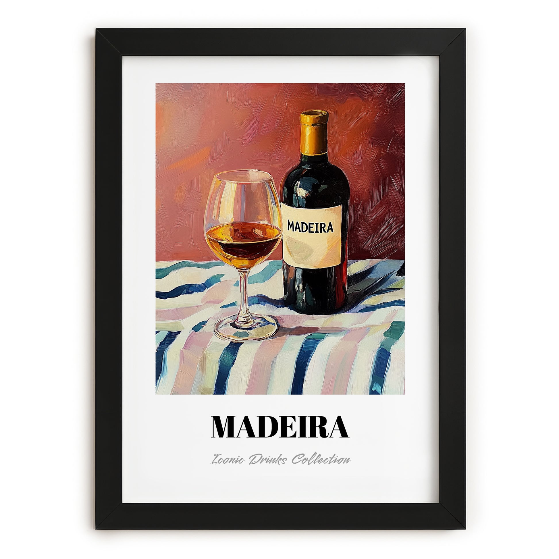Madeira – on Striped Tablecloth, Portuguese Dessert Wine Print, in sleek black frame
