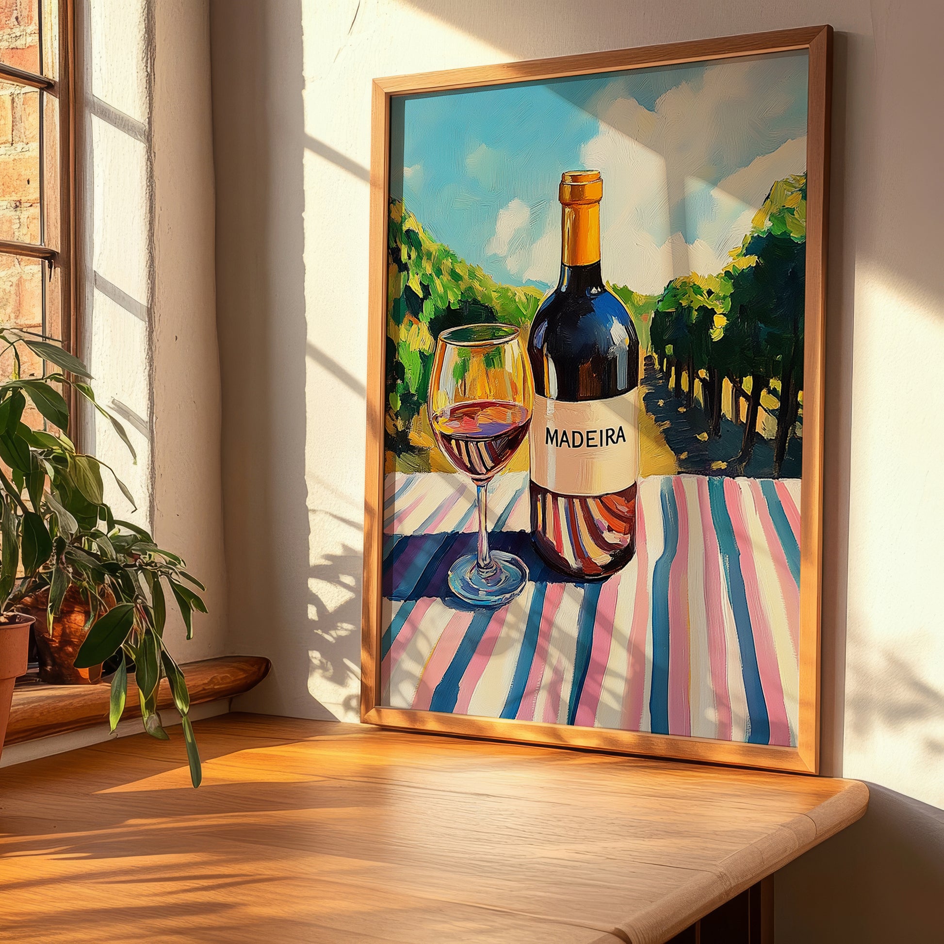 Madeira – Portuguese Hilltop Café Scene, Portuguese Dessert Wine Poster, clean layout with no caption